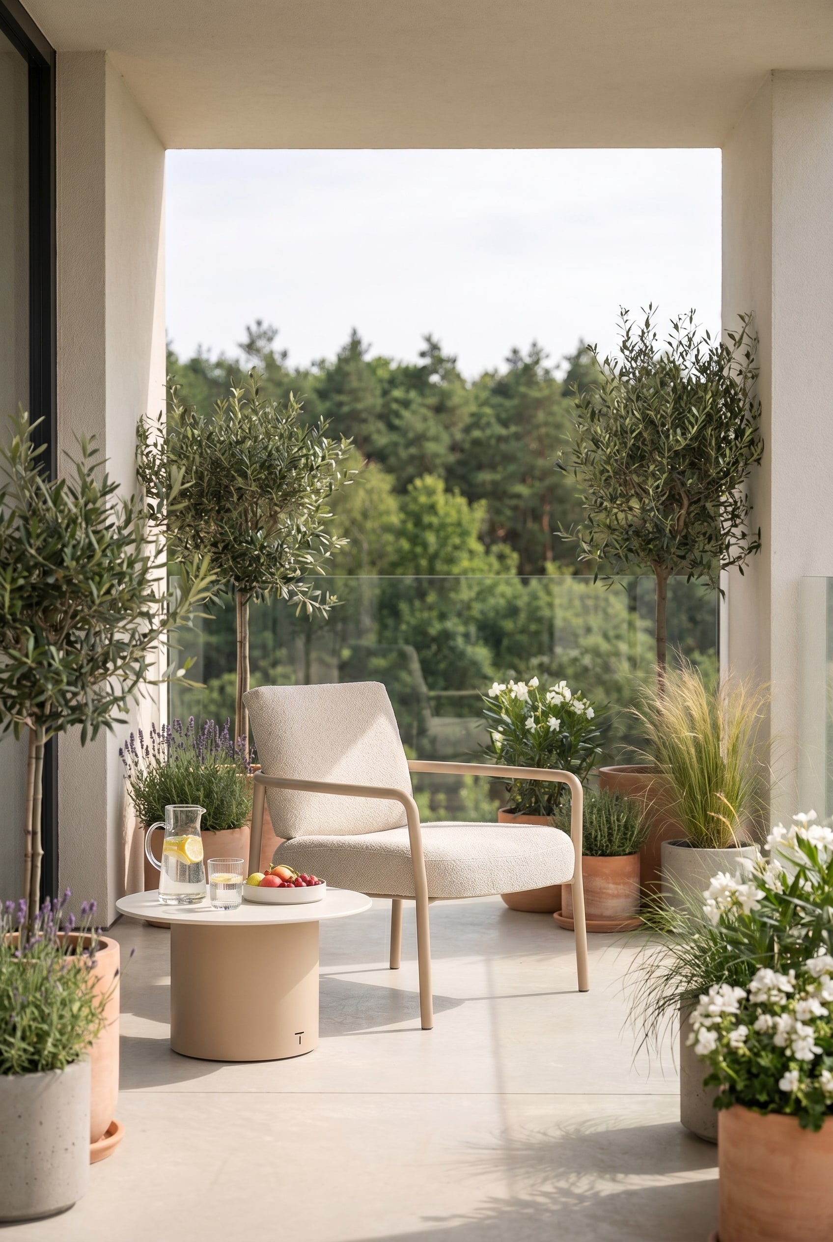 Schmaler Balkon mit filigranem Outdoor-Sessel in Beige auf hellen Betonplatten