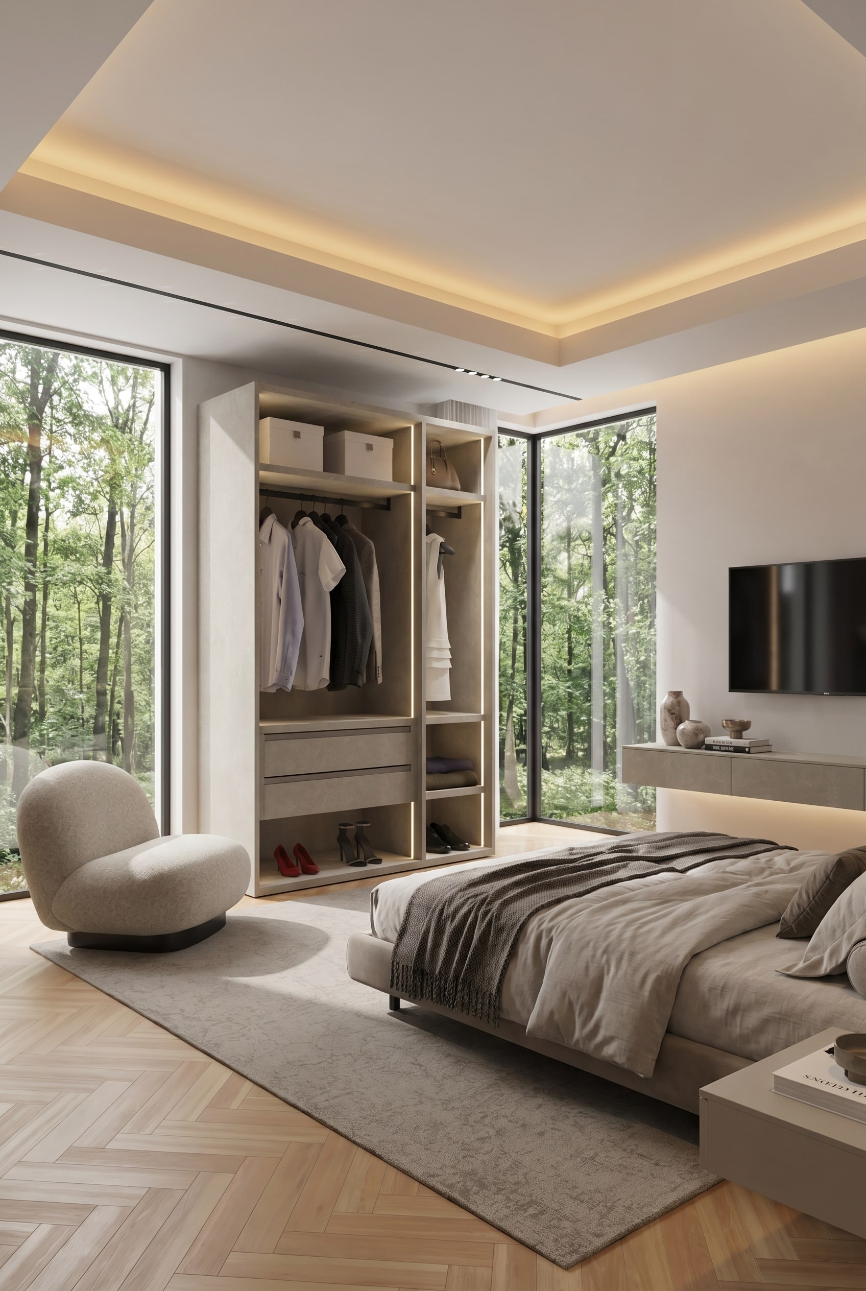 Chambre de style boutique avec dressing ouvert sans portes, &eacute;tag&egrave;res &eacute;clair&eacute;es, un fauteuil clair et un tapis discret sur parquet &agrave; chevrons