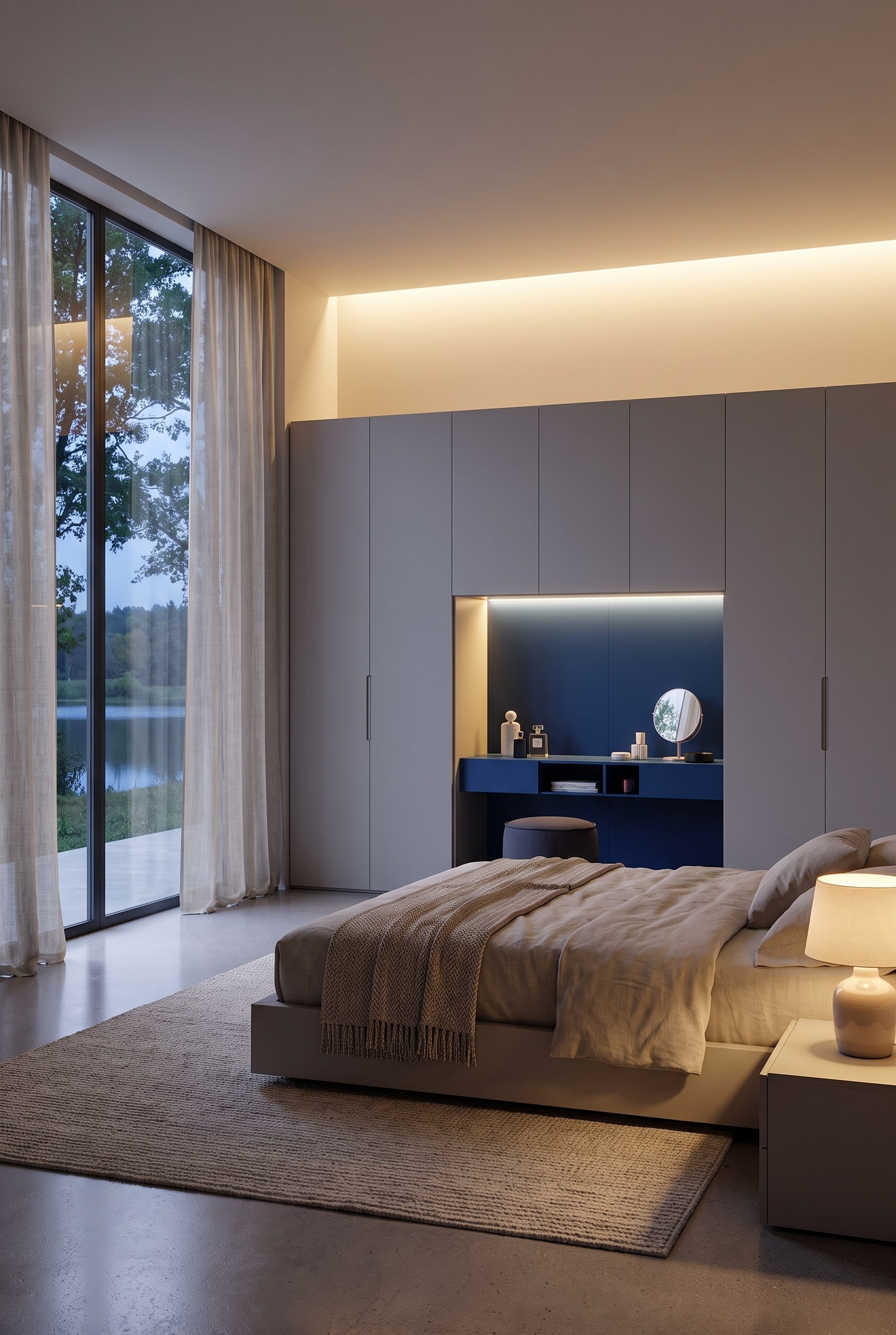 Armoire de luxe grise sur mesure avec niche coiffeuse bleue int&eacute;gr&eacute;e dans une chambre moderne.