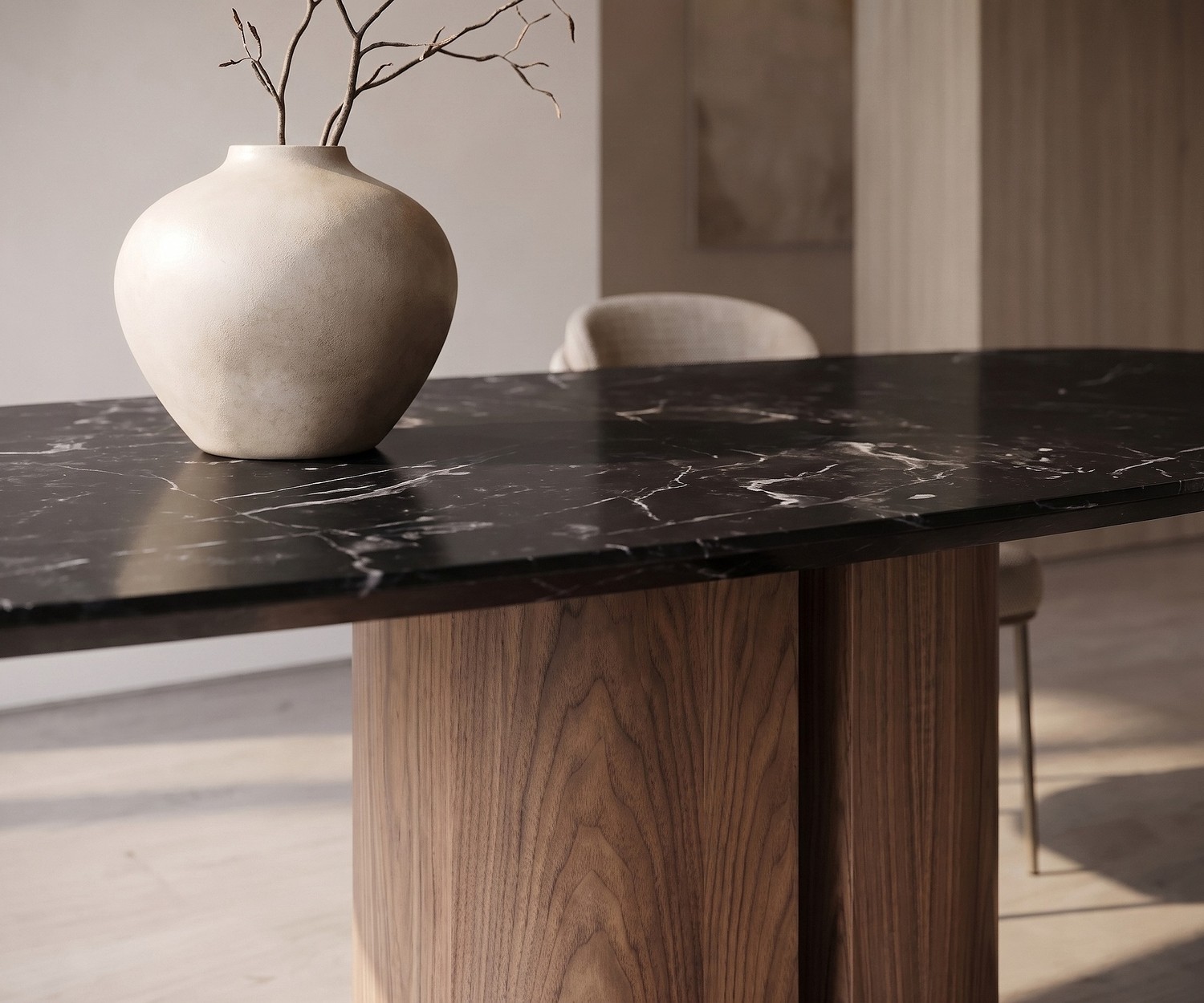 al2 el-it c 001 design eettafel met houten onderstel en keramiek al2 el-it c 001 eettafel voor de eetkamer met zwart marmeren keramisch blad en houten voet in minimalistische stijl.