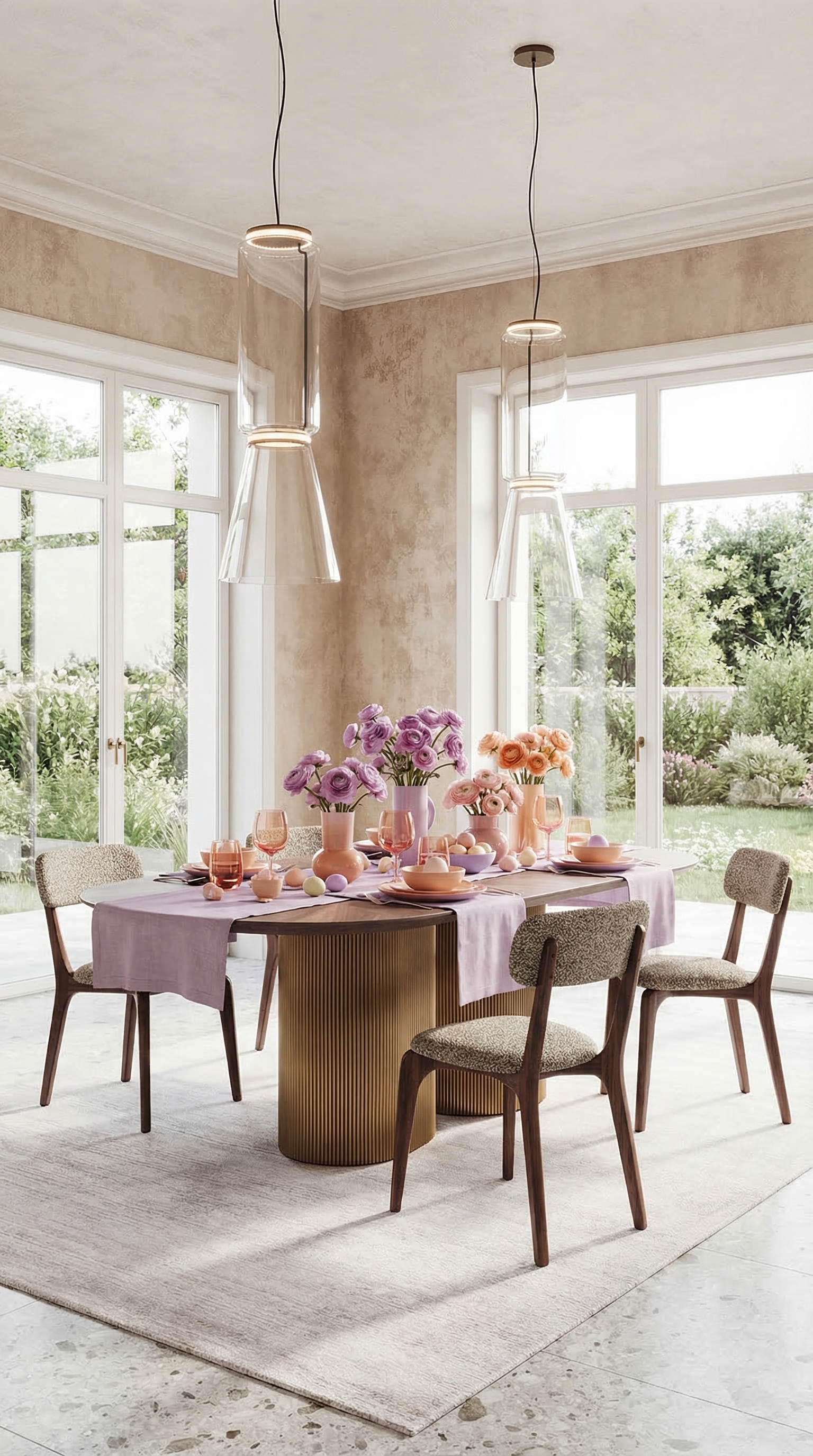 Een modern gedekte eettafel in de pastelkleuren lila en perzik met getinte glazen.