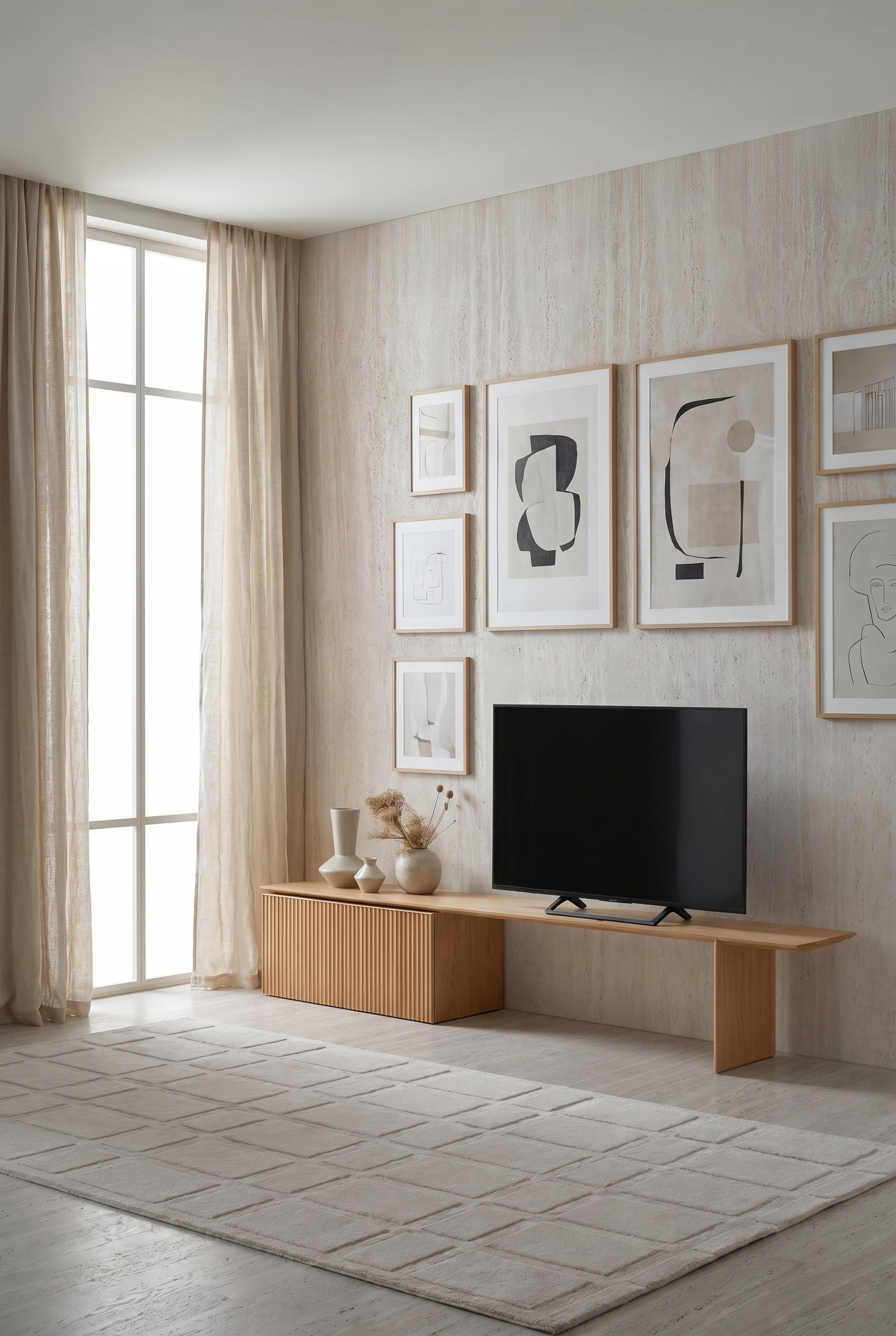 Sideboard asymétrique en bois clair avec structure rainurée devant un mur en pierre naturelle dans une pièce lumineuse