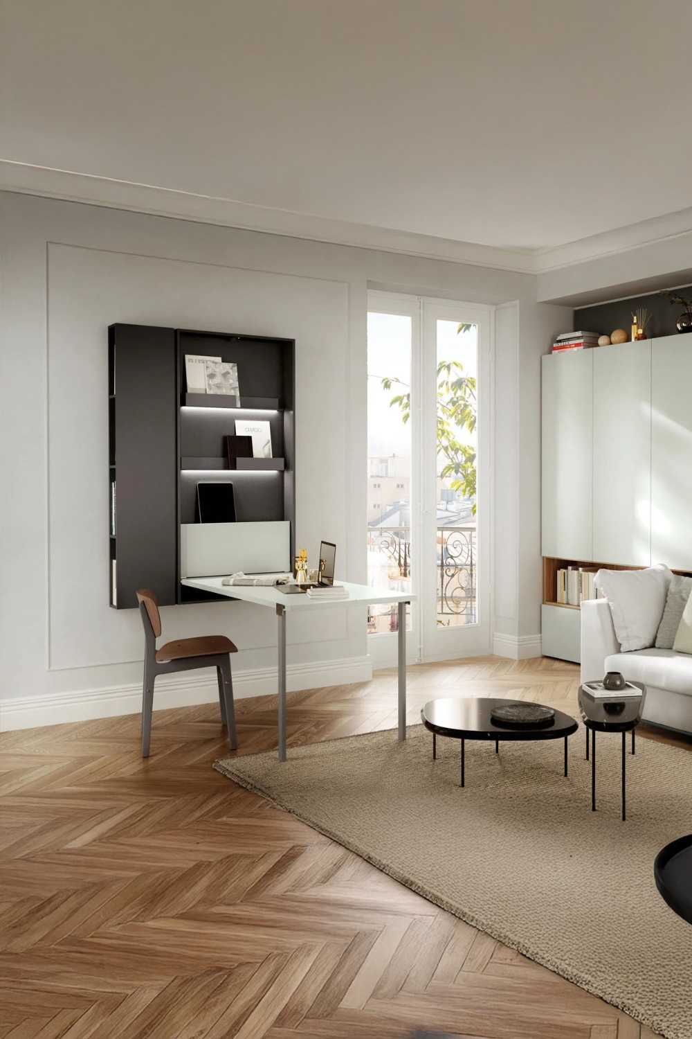 salon-avec-espace-de-travail-caché-grâce-à-une-table-murale-rabattable-avec-rangement