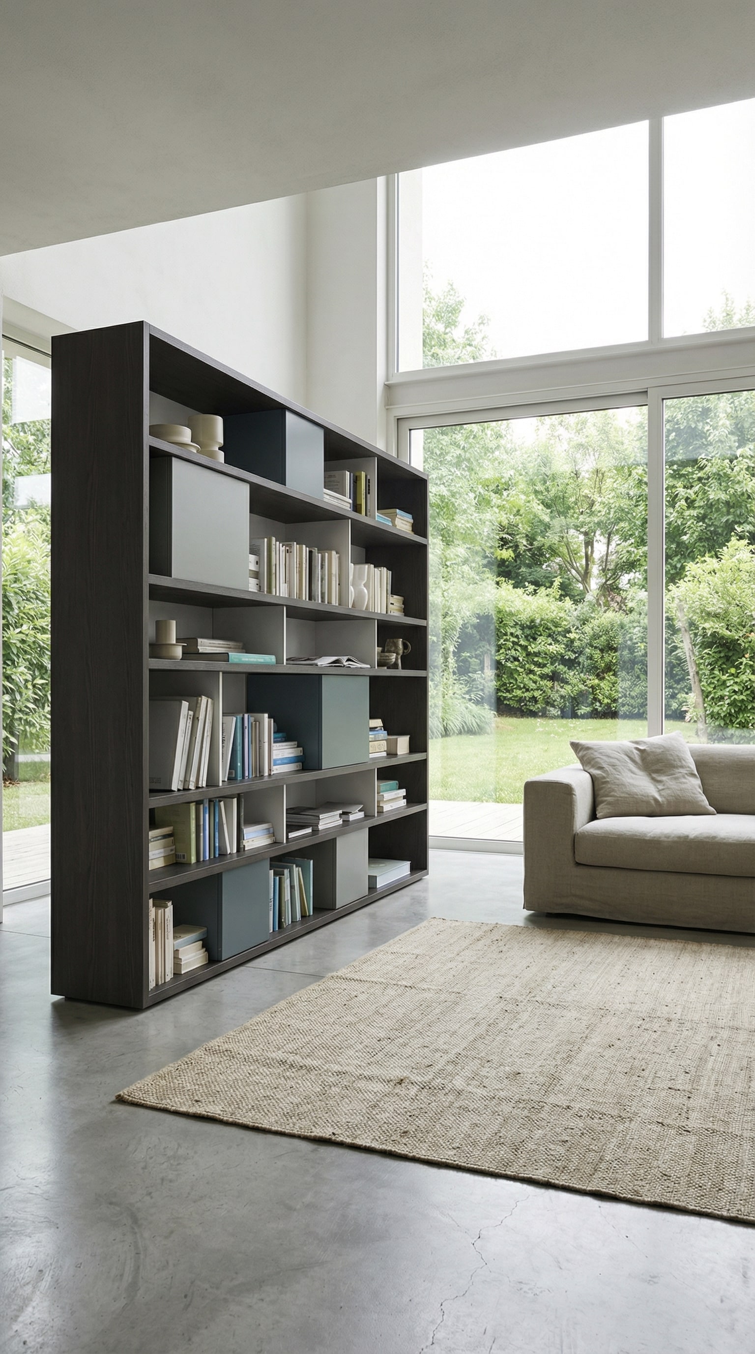 Filigraan houten boekenrek in een moderne woonkamer met grote ramen Filigraan houten boekenrek in een moderne woonkamer met grote ramen