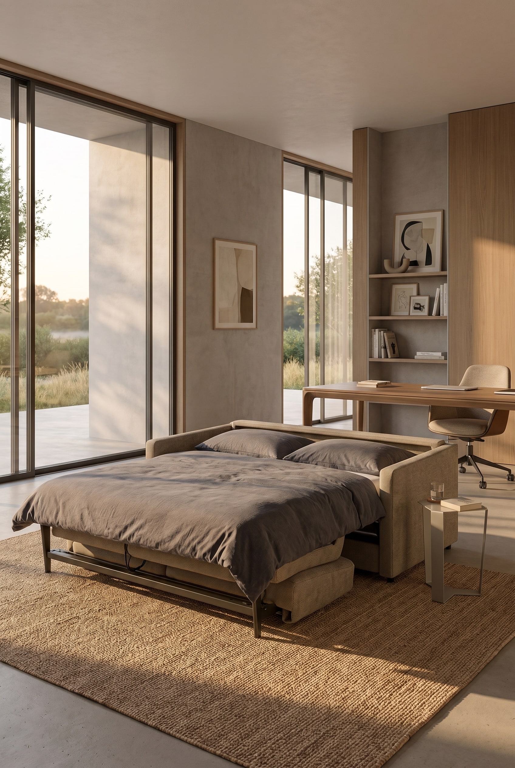 Canap&eacute;-lit Tokino d&eacute;pli&eacute; avec une literie grise confortable, un matelas s&eacute;par&eacute; de haute qualit&eacute;, des accoudoirs &eacute;troits et une table d'appoint &eacute;l&eacute;gante