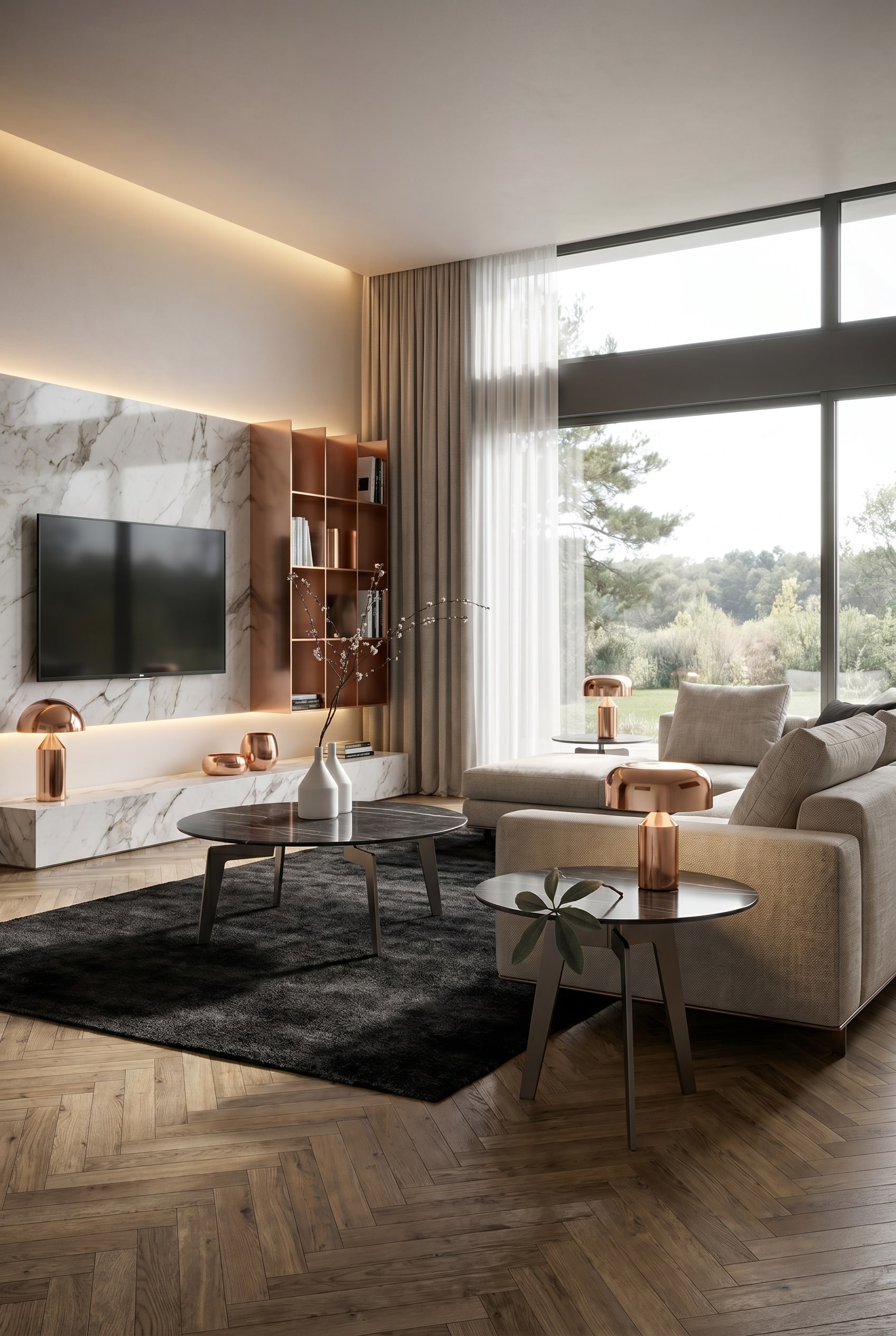 Coin de pi&egrave;ce minimaliste avec tapis fonc&eacute; et une table d'appoint filigrane en marbre, d&eacute;cor&eacute;e de vases blancs
