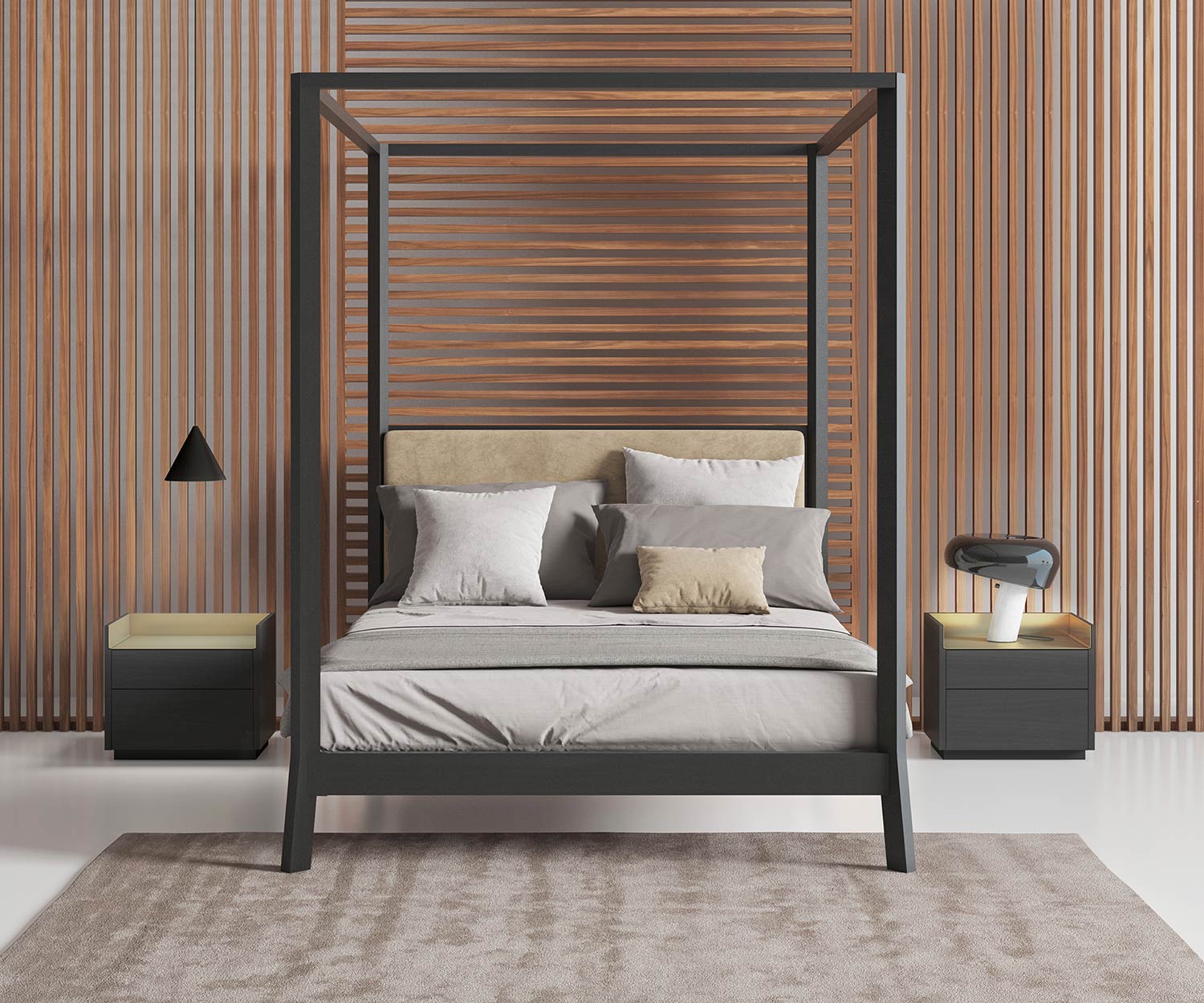 Exclusief design nachtkastje met bedlampje naast bed in slaapkamer gefineerd Exclusief design nachtkastje met bedlampje naast bed in slaapkamer gefineerd