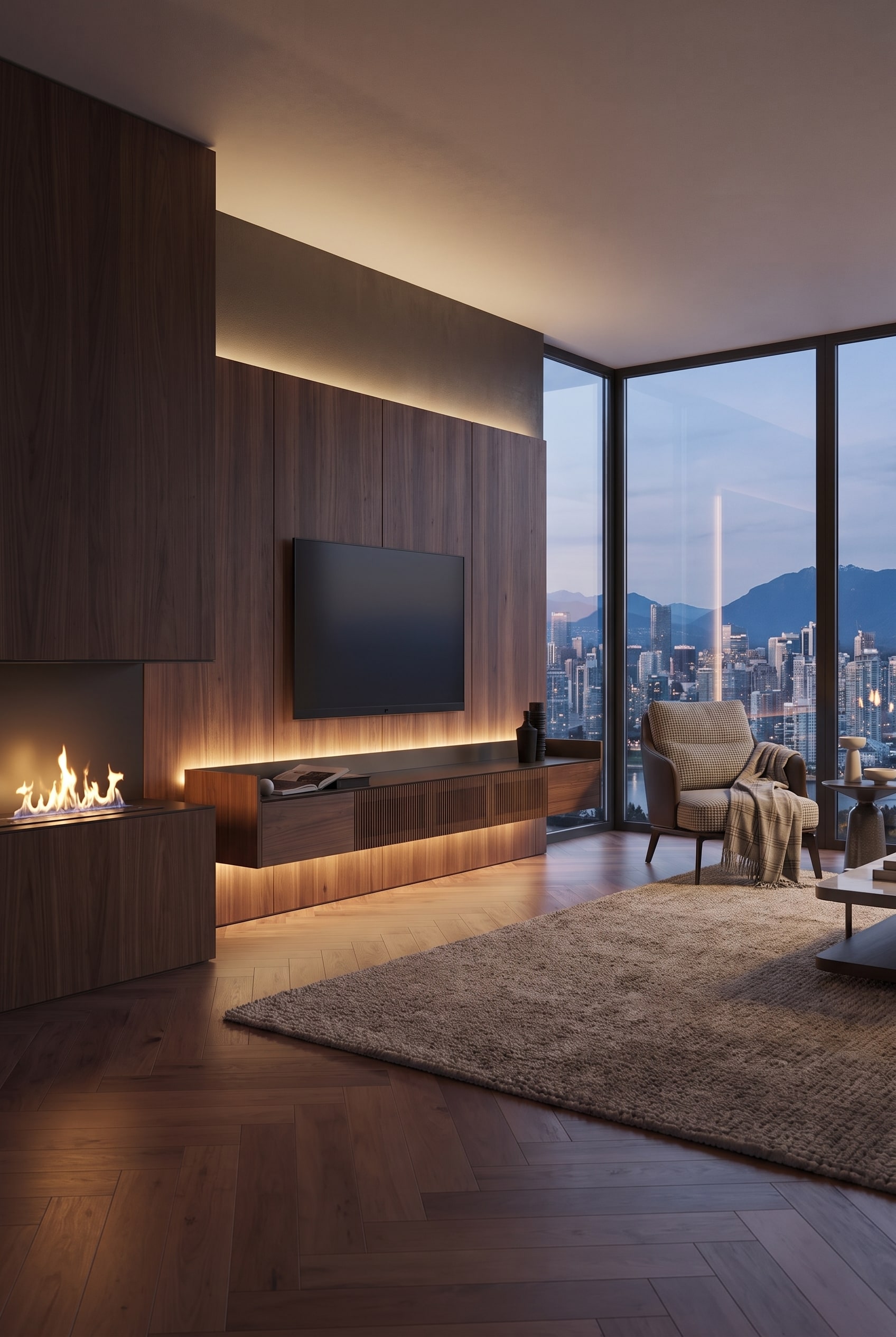 Salon aux tons sombres avec un meuble TV asymétrique en bois de noyer, une cheminée intégrée et une télévision à écran plat