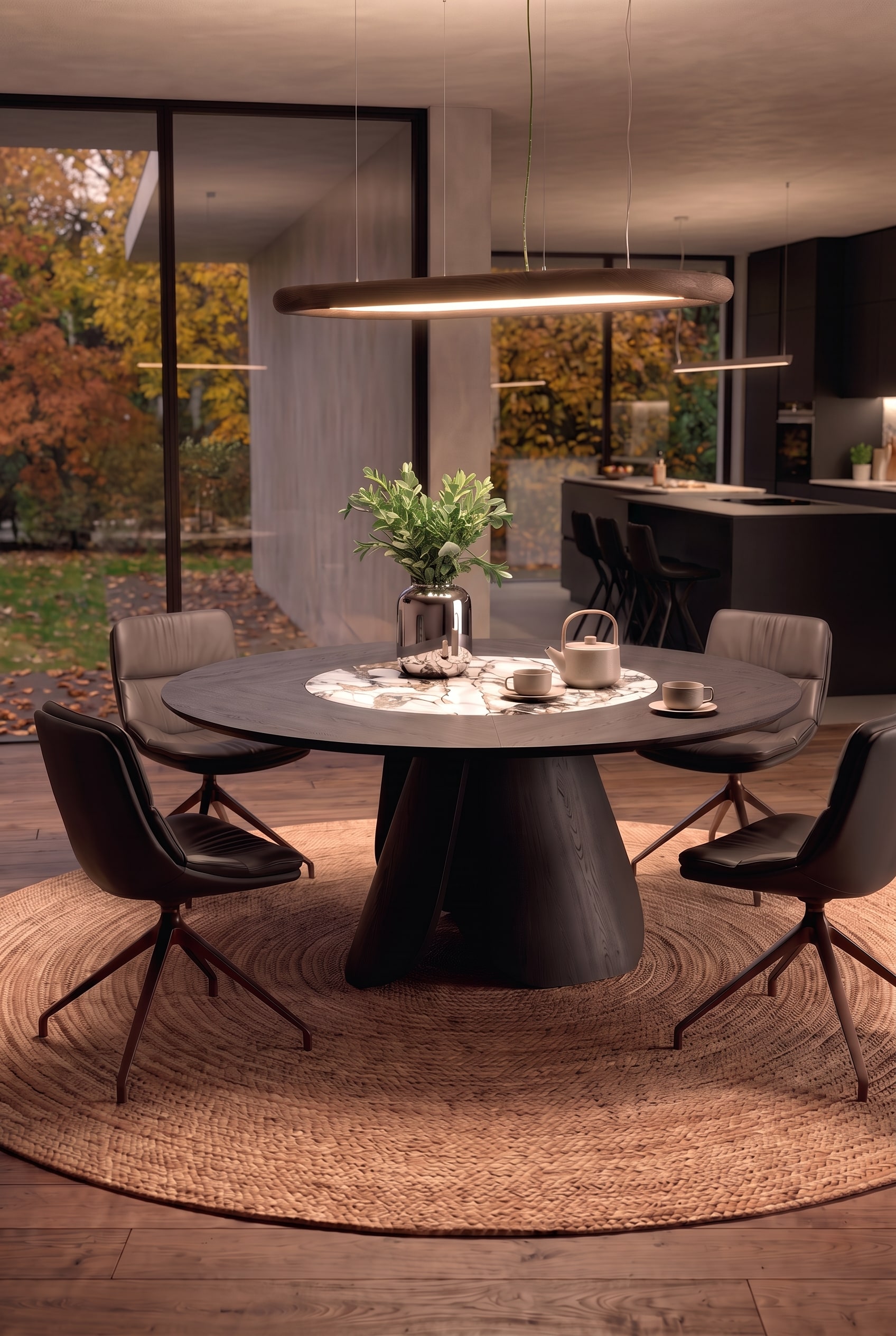Vue sur la table &agrave; manger ronde en bois fonc&eacute; avec une cuisine ouverte moderne et sombre en arri&egrave;re-plan.
