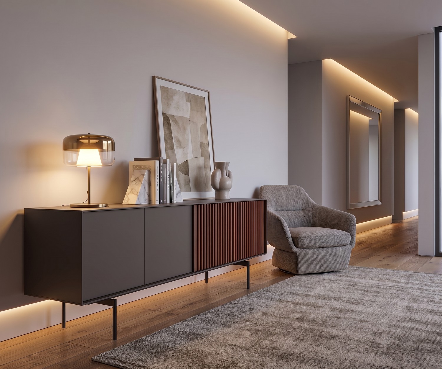 Design dressoir walnoot donkergrijs mat gelakt Deuren met push-pull technologie Design dressoir walnoot donkergrijs mat gelakt Deuren met push-pull technologie