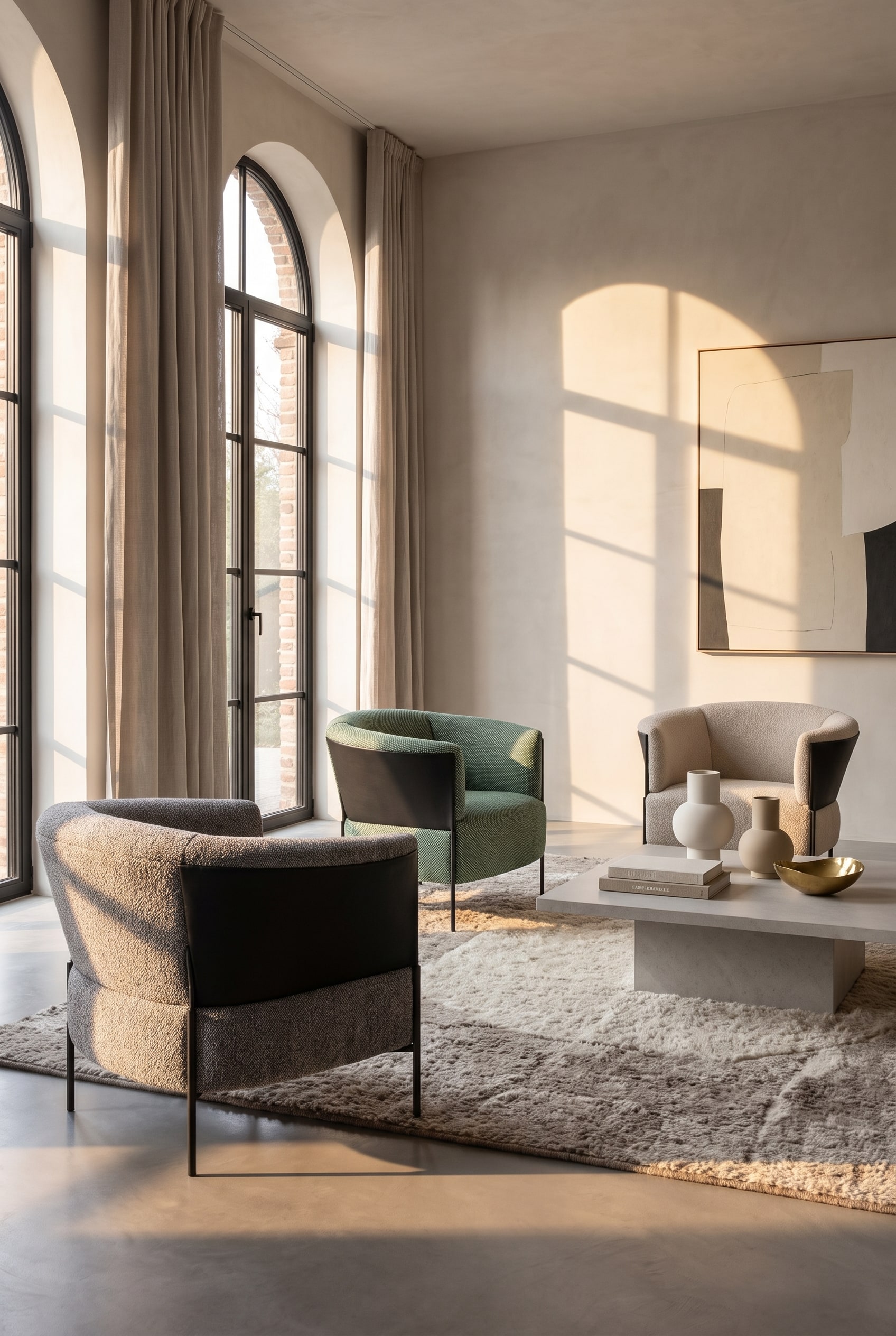Un salon monochrome avec un &eacute;clairage lat&eacute;ral qui met en valeur les rembourrages profonds d'un fauteuil Prostoria Omnia