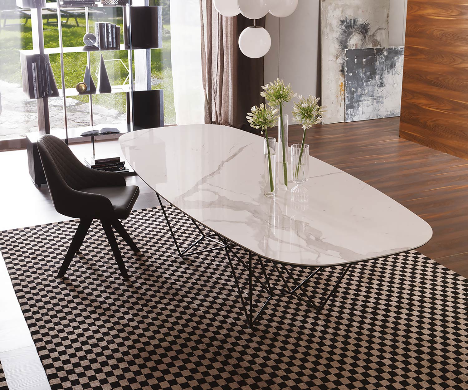 Design eettafel Ozzio Fil8 ovaal tafelblad glas keramiek wit stalen onderstel