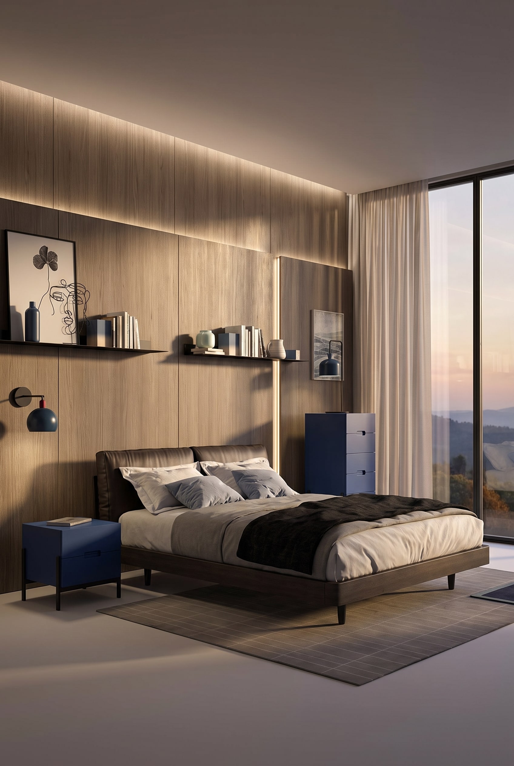 Un lit Novamobili Nido luxueux avec une t&ecirc;te de lit en cuir rembourr&eacute;e et volumineuse dans une chambre &agrave; coucher au design moderne.