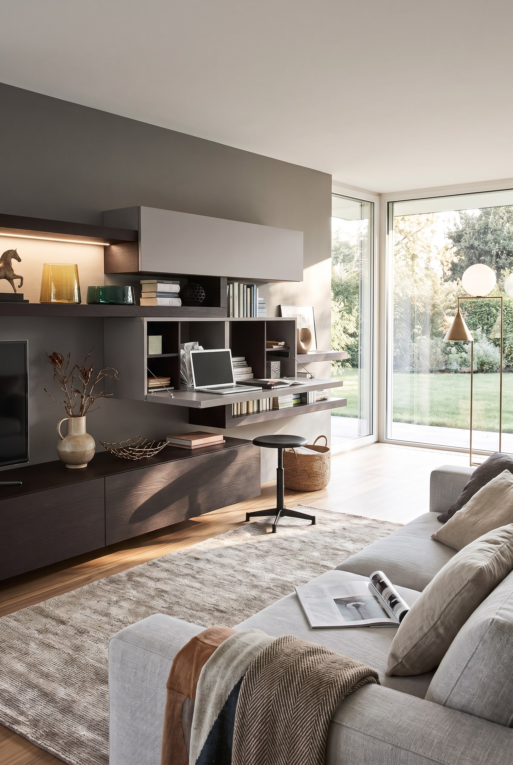 Armoire murale Livitalia Cartesio avec bureau déplié dans un espace de vie moderne et ouvert