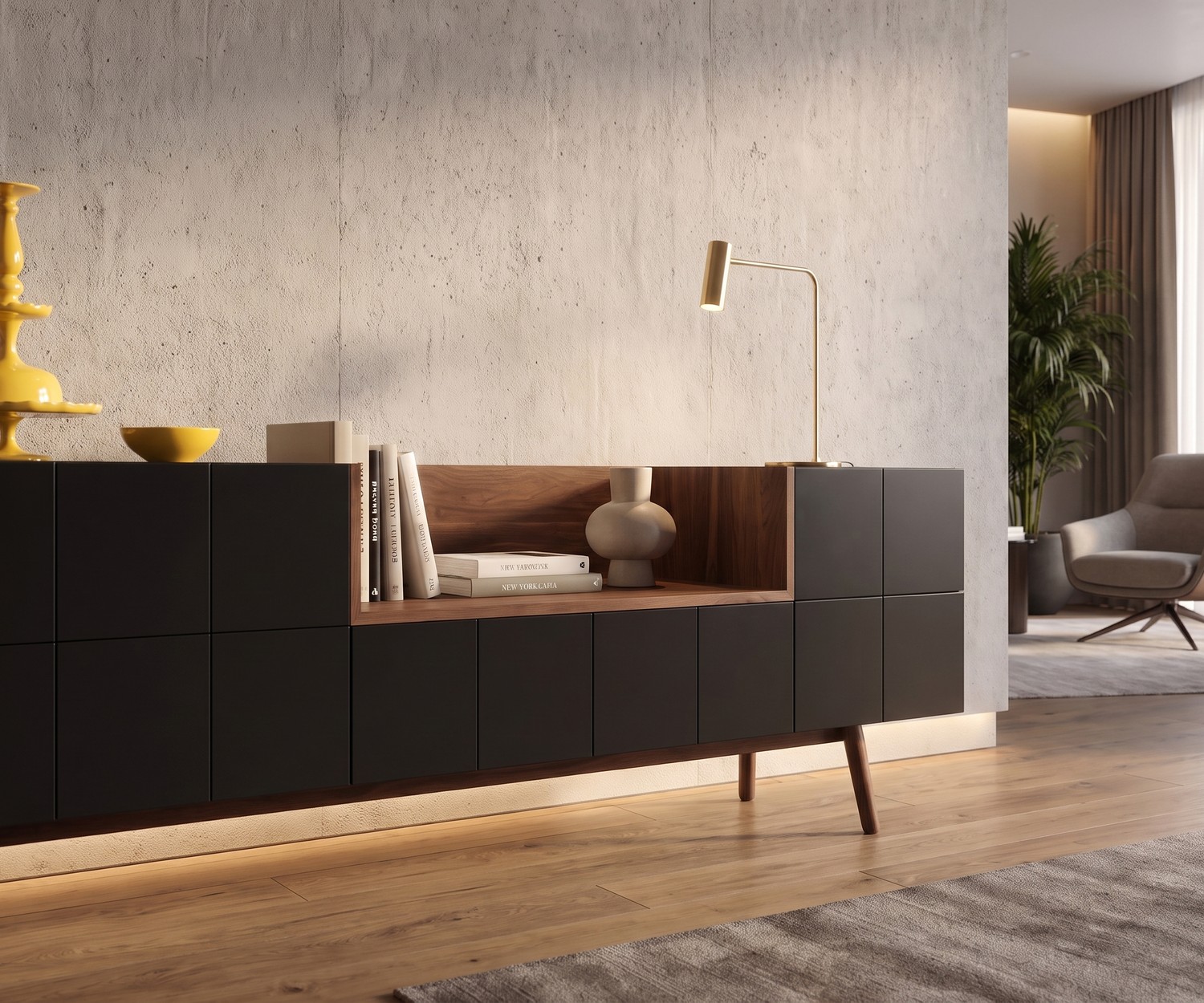 Buffet design al2 MOS-I-KO 003 A pour le salon, combinant laque noire mate et bois avec étagère ouverte.