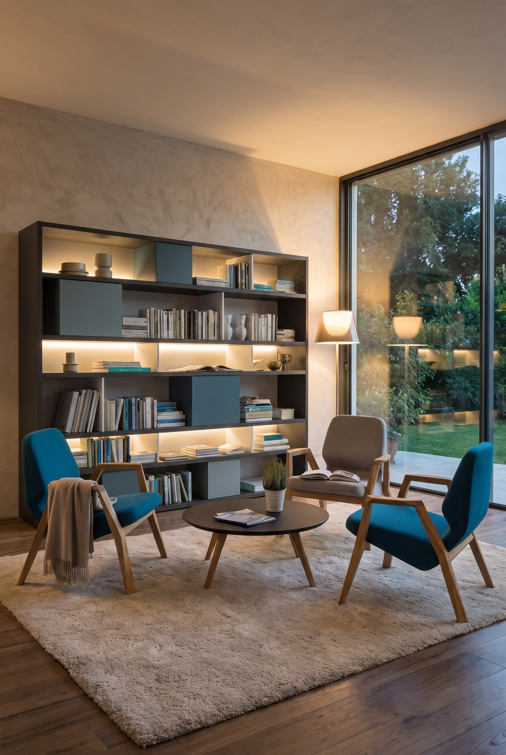 Fauteuil moderne avec d'élégants accoudoirs en bois à côté d'une bibliothèque minimaliste
