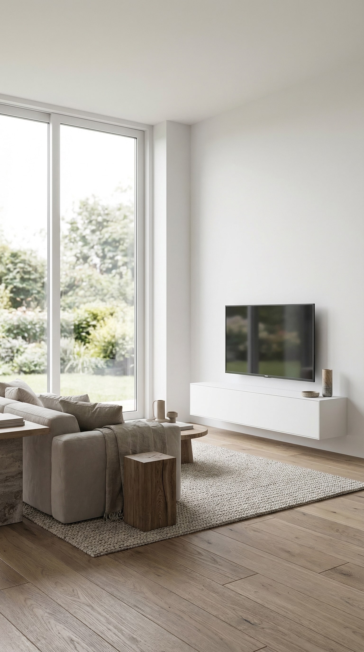 Lowboard flottant minimaliste, blanc mat, sur un mur blanc, discrètement éclairé. Lowboard flottant minimaliste, blanc mat, sur un mur blanc, discrètement éclairé.