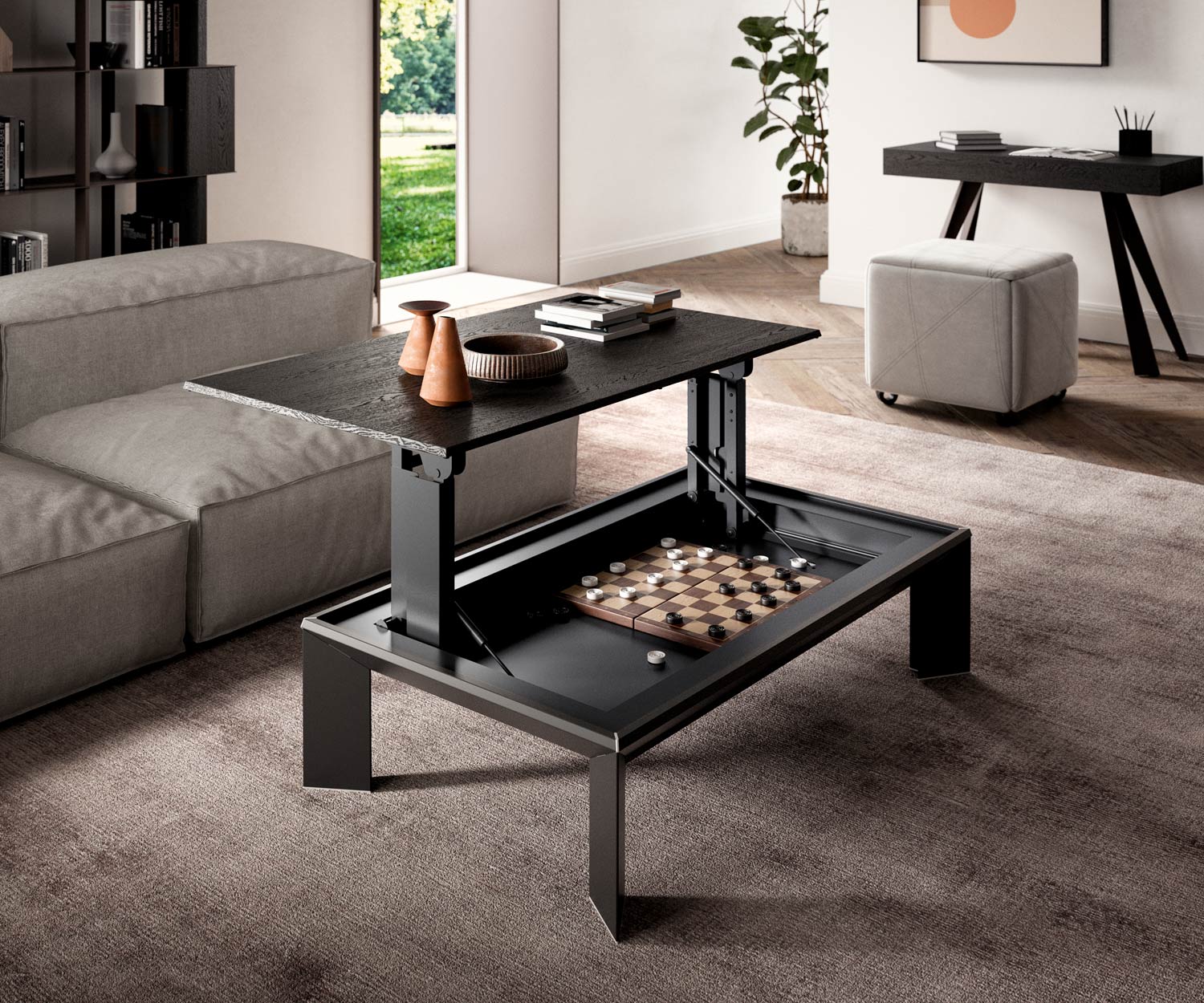 Design salontafel in hoogte verstelbaar houten tafelblad