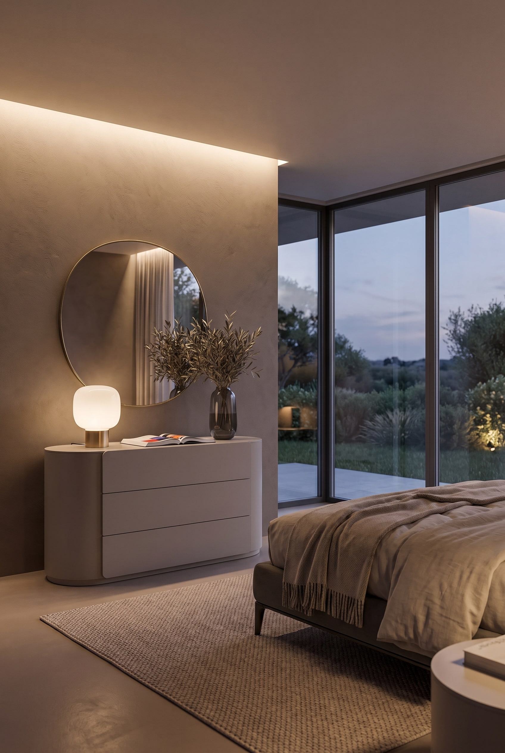 Commode arrondie dans la chambre au crépuscule, doucement éclairée par une lampe de table.