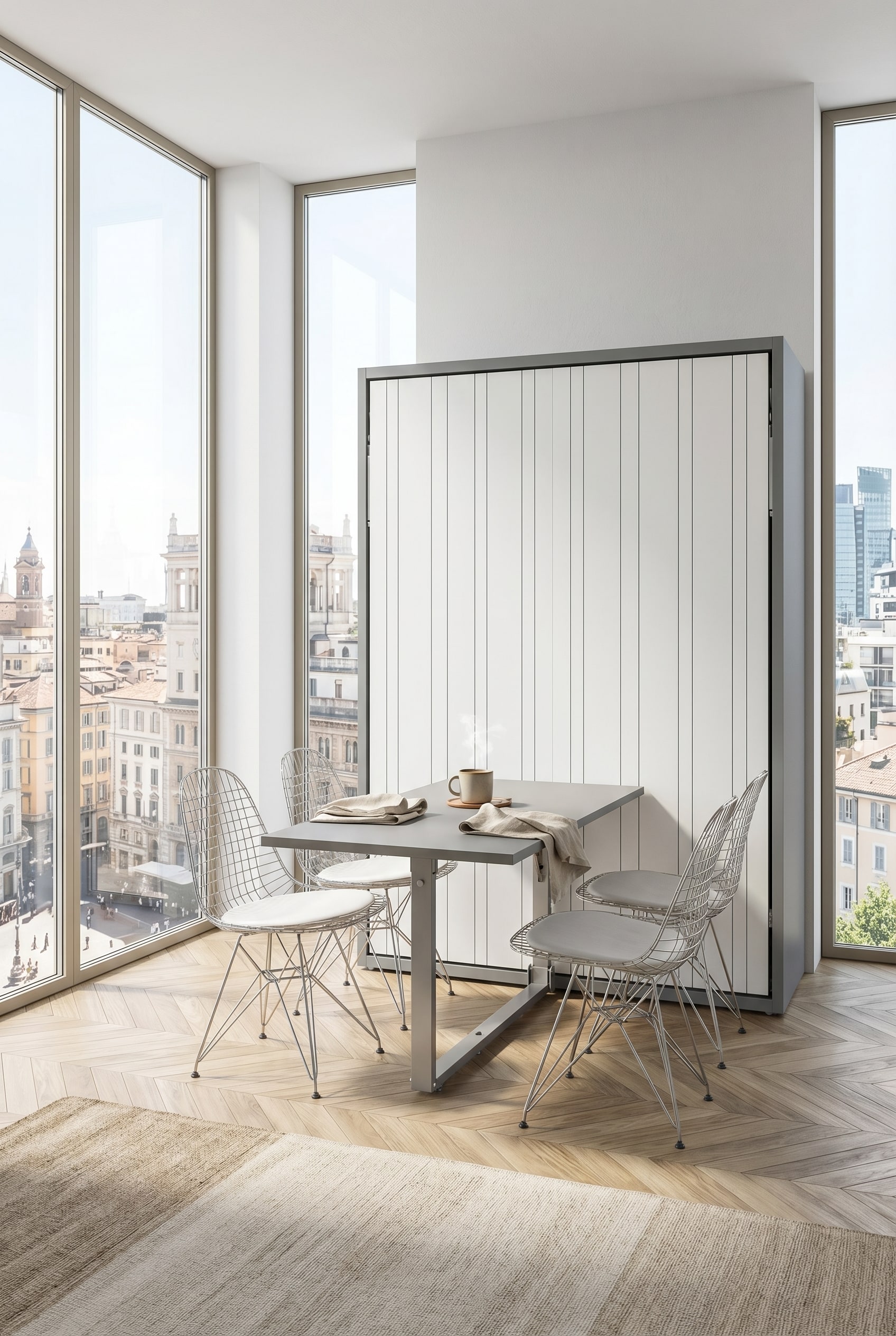 Une salle &agrave; manger &eacute;l&eacute;gante avec une grande table &agrave; manger, intelligemment int&eacute;gr&eacute;e dans la fa&ccedil;ade d'un lit mural ferm&eacute;.