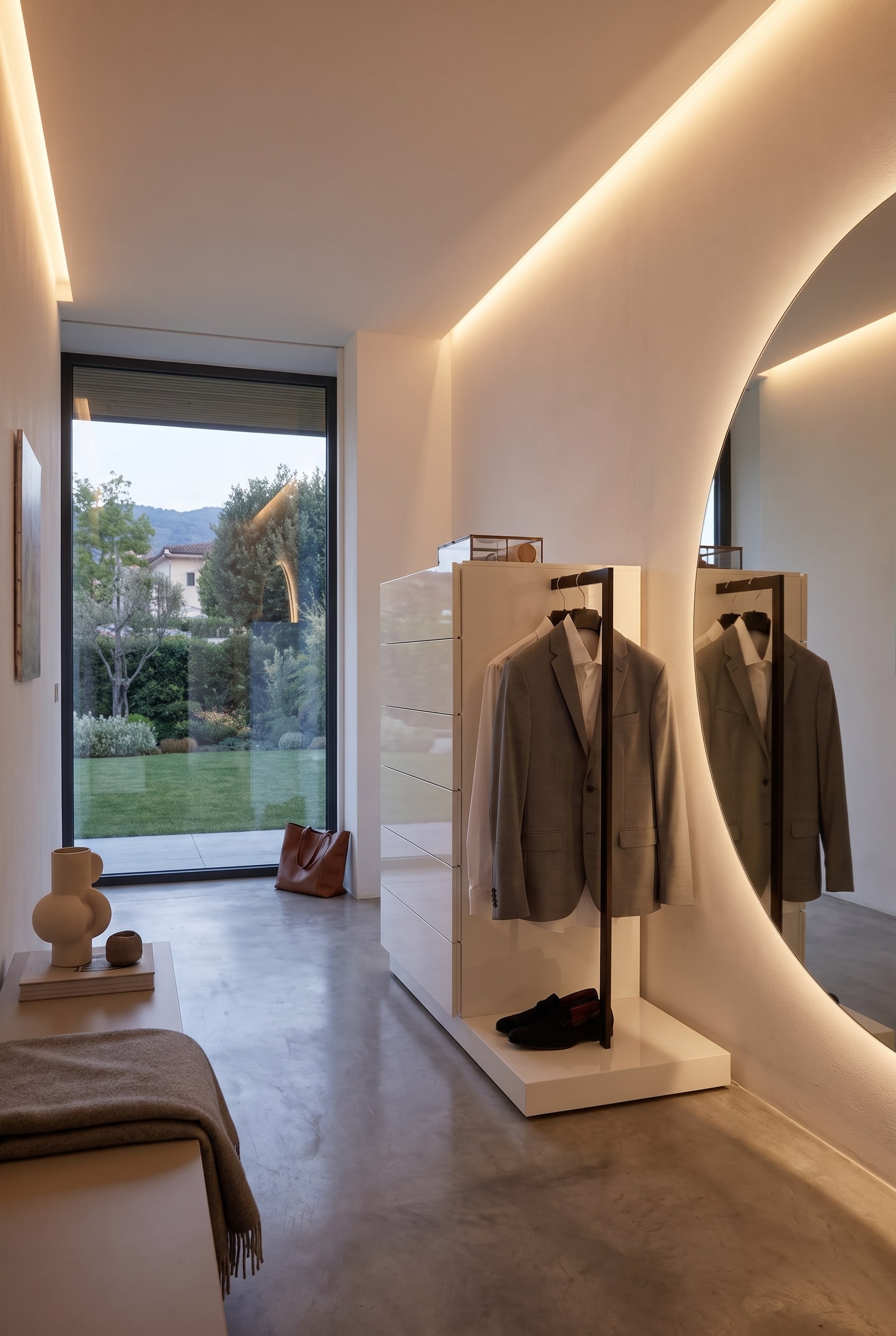 Commode de couloir blanche brillante avec tringle &agrave; v&ecirc;tements lat&eacute;rale au bout d'un couloir, &agrave; c&ocirc;t&eacute; d'un grand miroir mural rond.