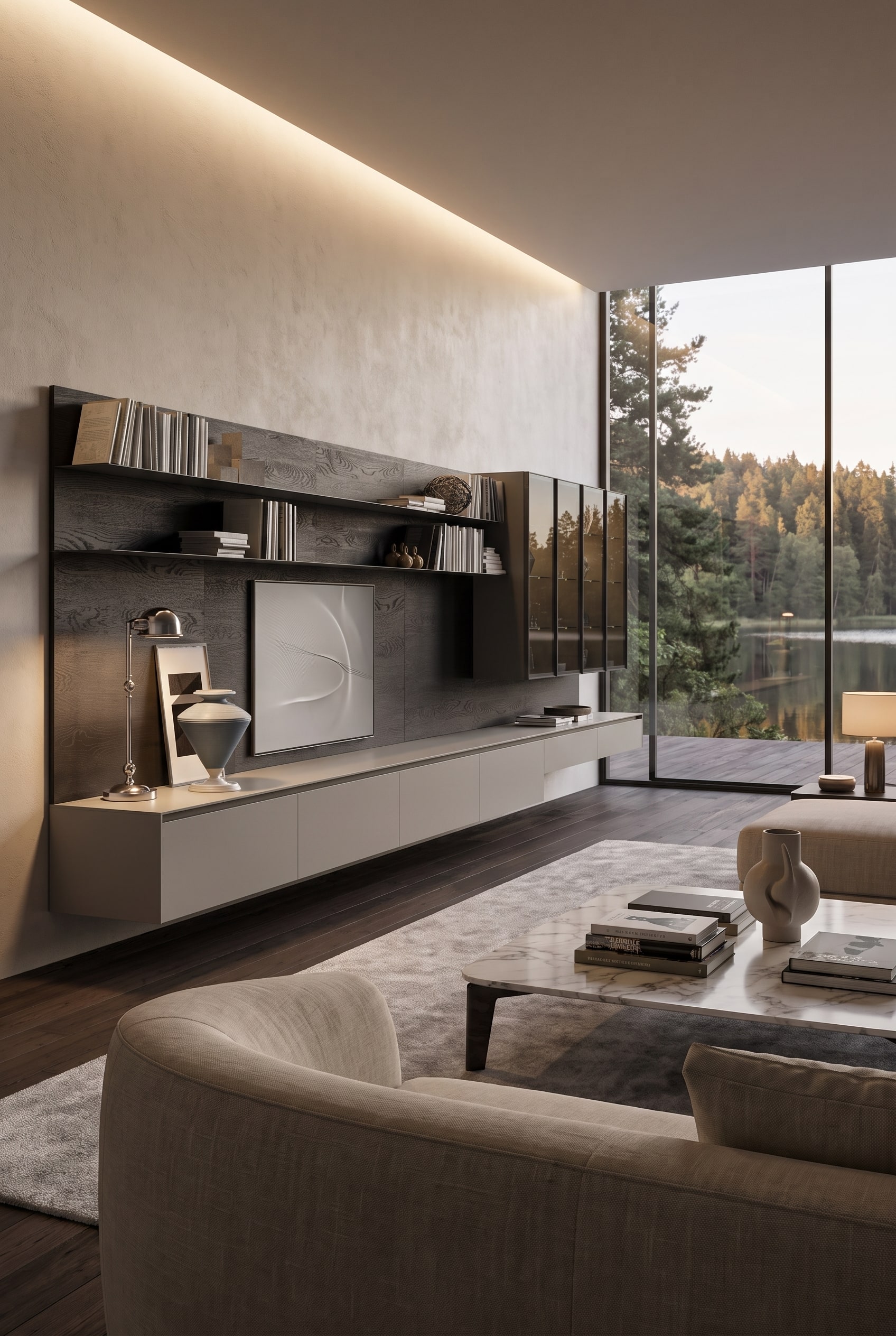 Salon moderne avec meuble bas flottant &agrave; surface mate et un &eacute;cran plat discr&egrave;tement plac&eacute;