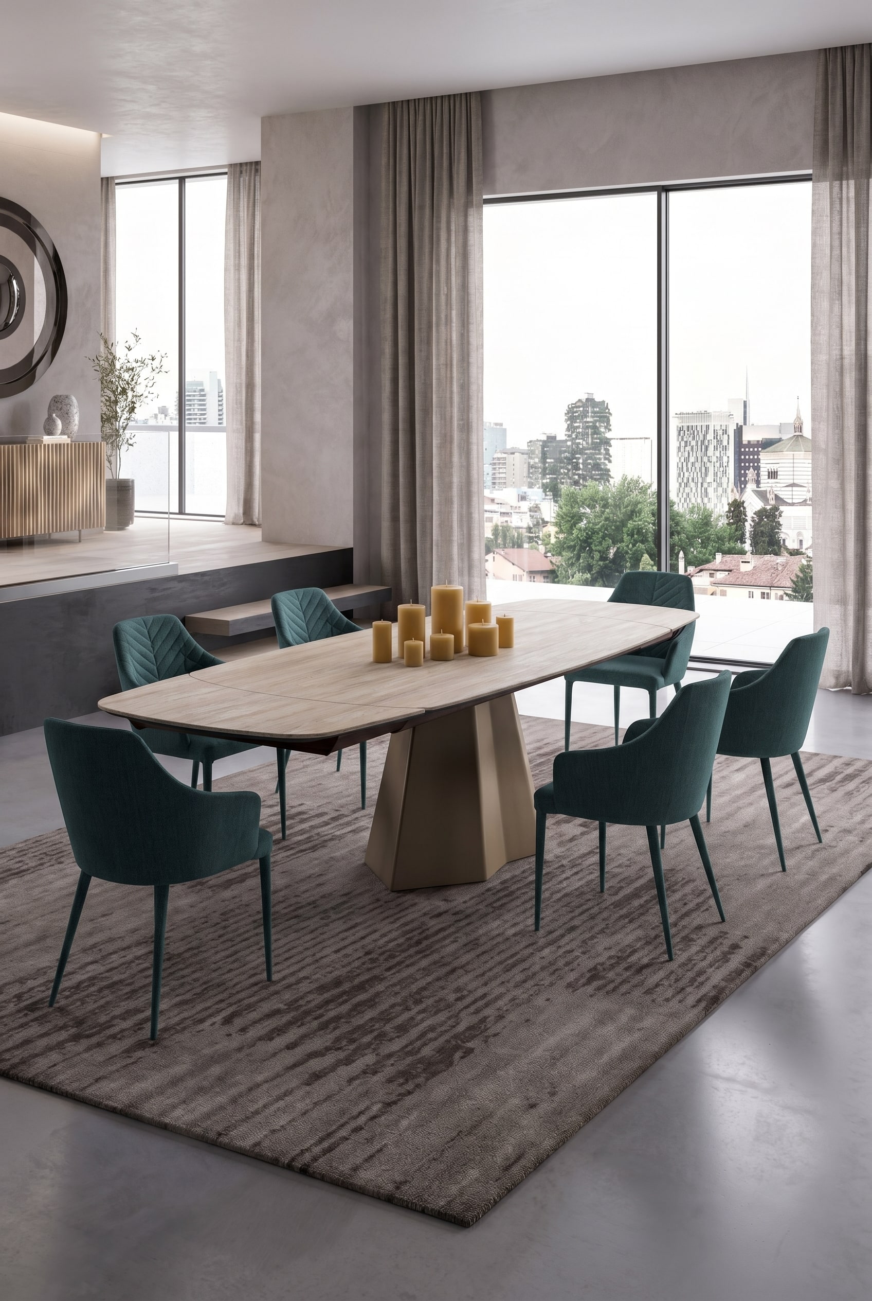 Table &agrave; manger extensible en bois noble avec six chaises rembourr&eacute;es dans une pi&egrave;ce spacieuse et moderne
