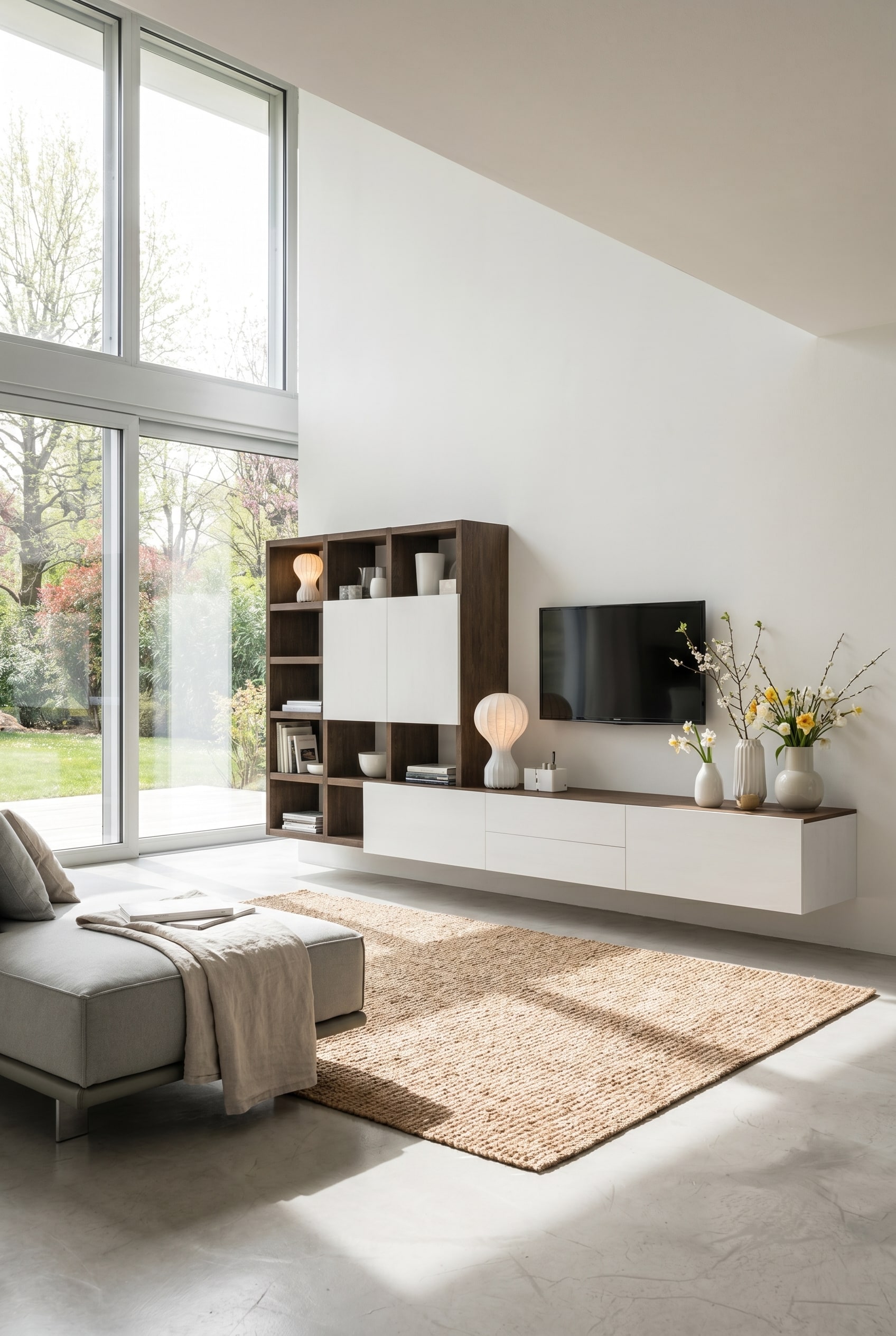 Meuble TV de style maison de campagne moderne avec 30 % de bois et façades blanches mates Meuble TV de style maison de campagne moderne avec 30 % de bois et façades blanches mates