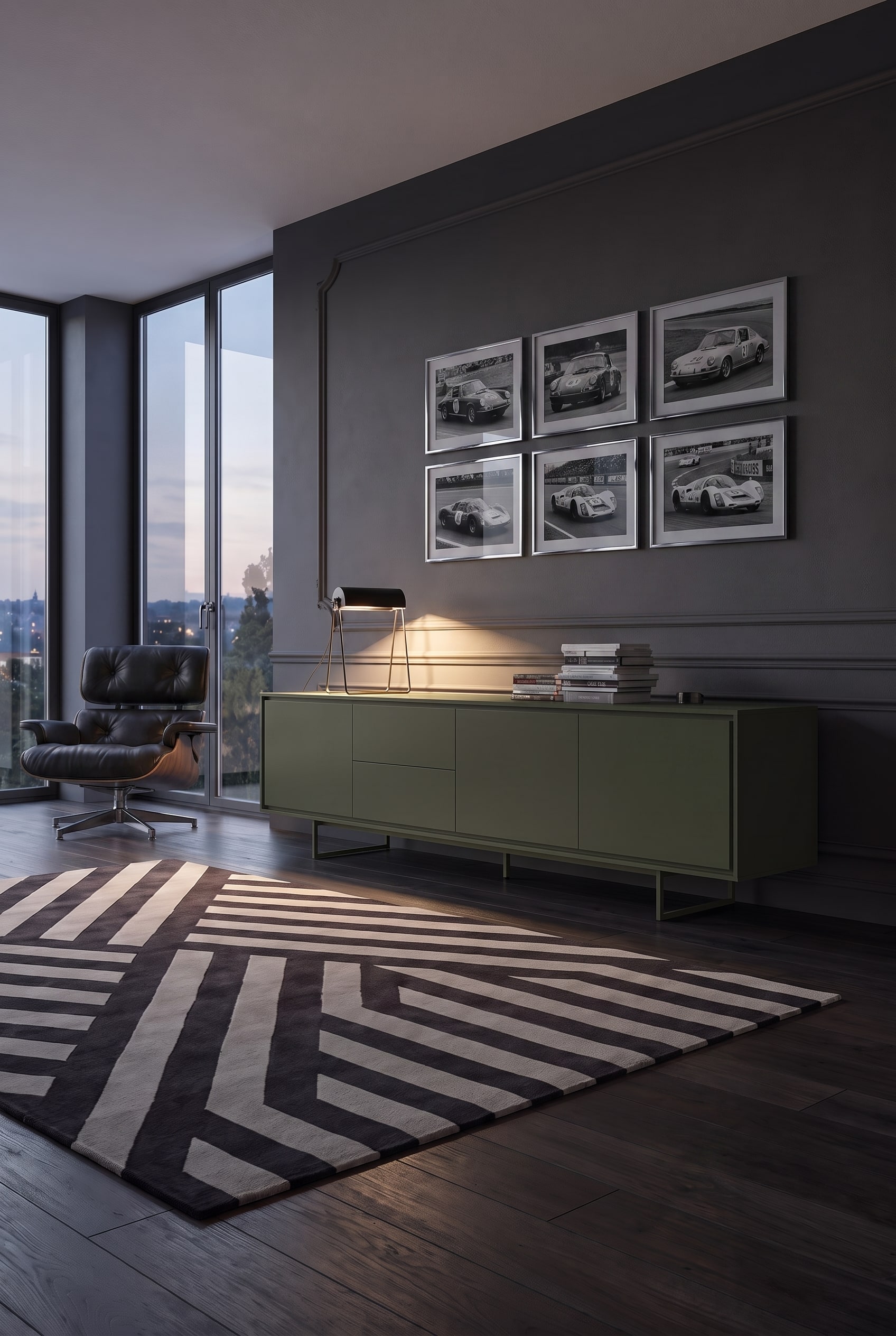 Sideboard mat vert olive combin&eacute; avec un fauteuil en cuir Mid-Century noir et des cadres photo argent&eacute;s avec des motifs de voitures de course.