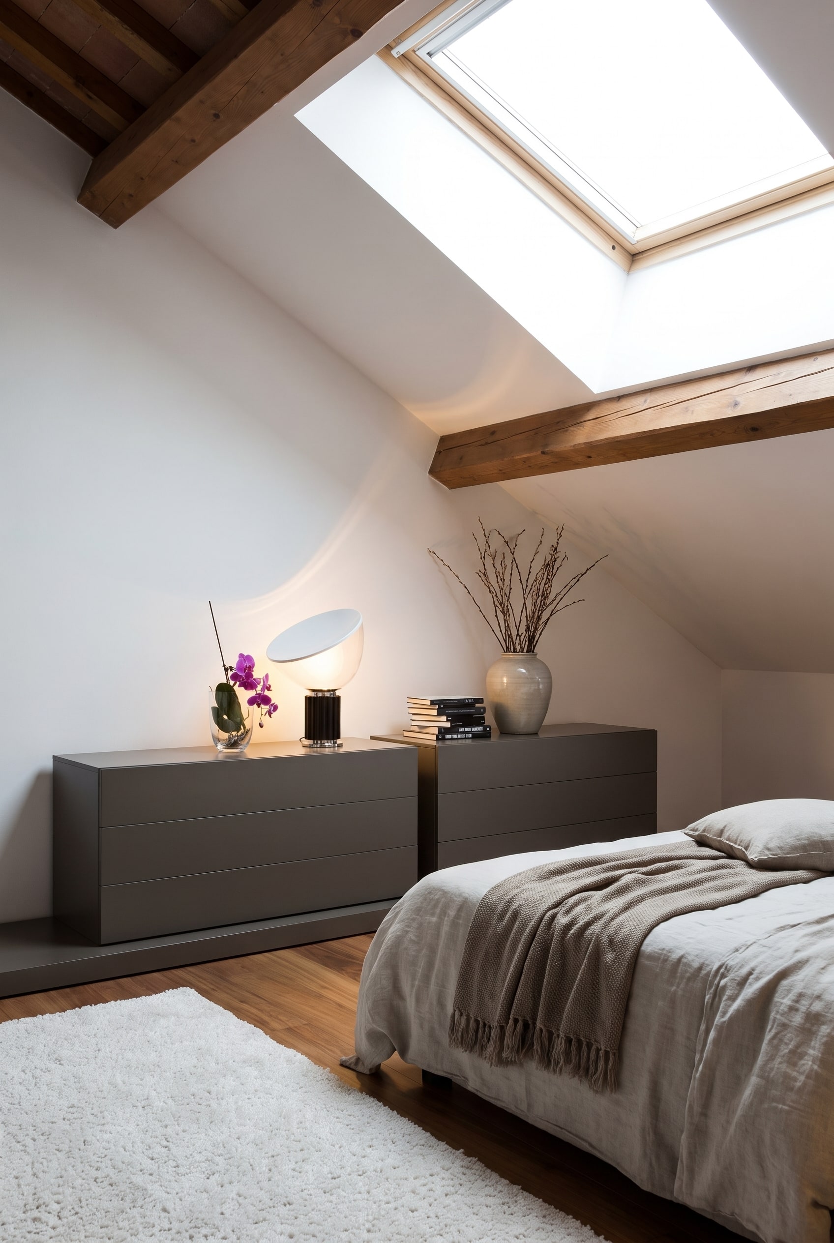 Une commode Novamobili Easy large &agrave; trois tiroirs, plac&eacute;e de mani&egrave;re peu encombrante sous une sous-pente et discr&egrave;tement d&eacute;cor&eacute;e