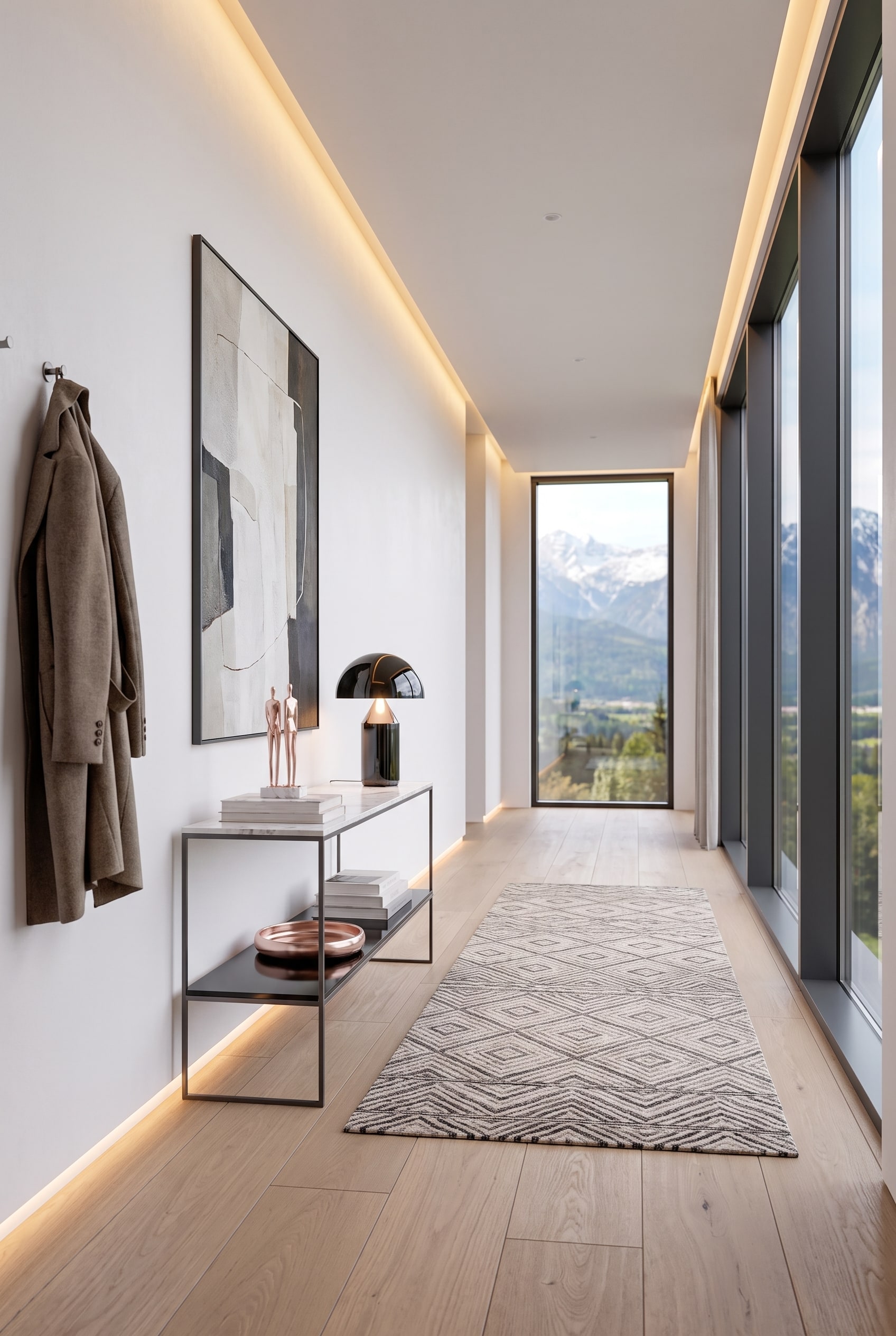 Entr&eacute;e moderne avec console en m&eacute;tal fonc&eacute; et plateau en marbre, surmont&eacute;e d'une lampe sculpturale, avec de grandes fen&ecirc;tres en arri&egrave;re-plan