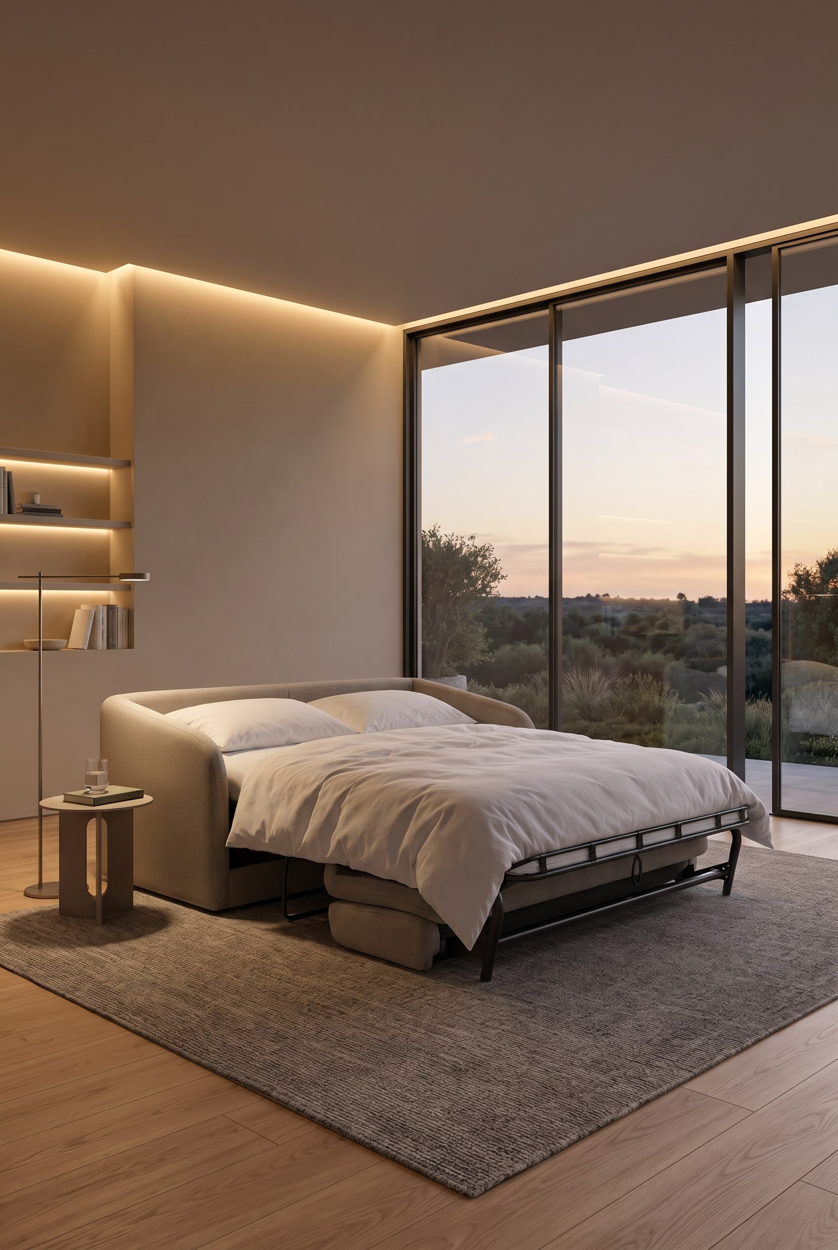 Canapé-lit design déplié avec sommier visible et matelas dans un salon moderne