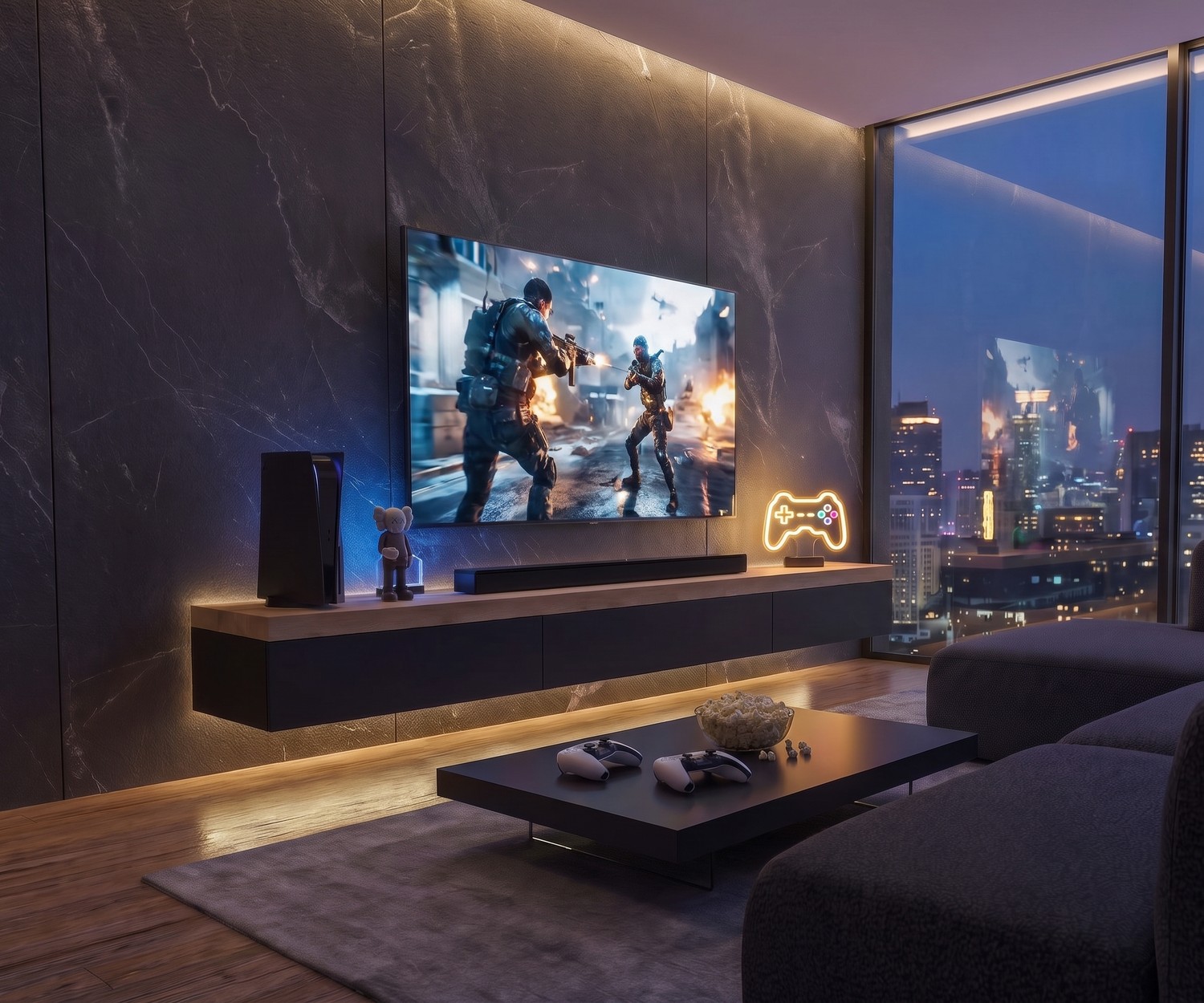 Meuble TV suspendu Livitalia avec plateau épais Meuble TV suspendu dans le salon : meuble bas Livitalia avec plateau supérieur épais en bois, style moderne élégant.