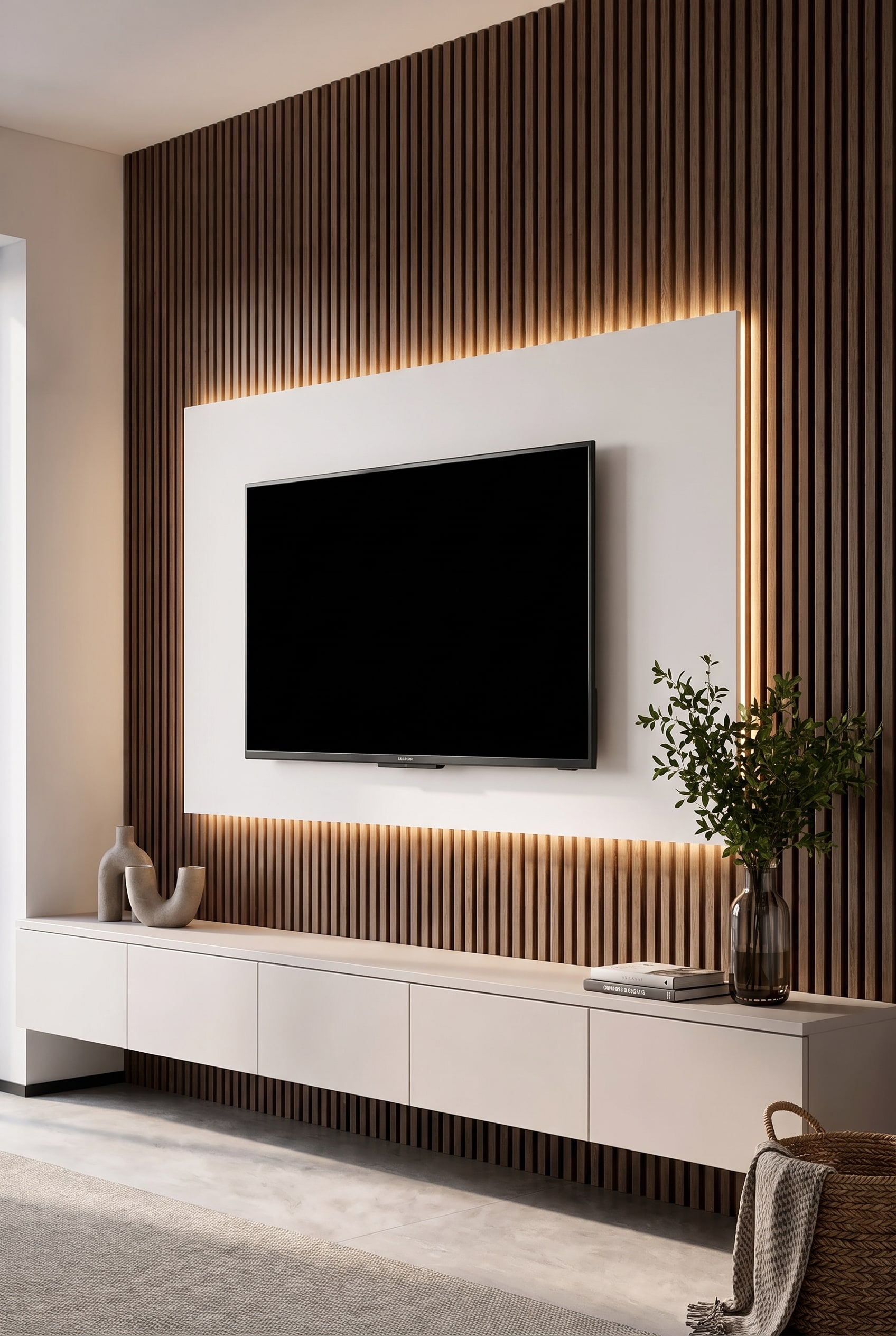 Salon avec panneau mural TV en bois fonc&eacute;, t&eacute;l&eacute;viseur int&eacute;gr&eacute; de mani&egrave;re invisible et vue sur le jardin