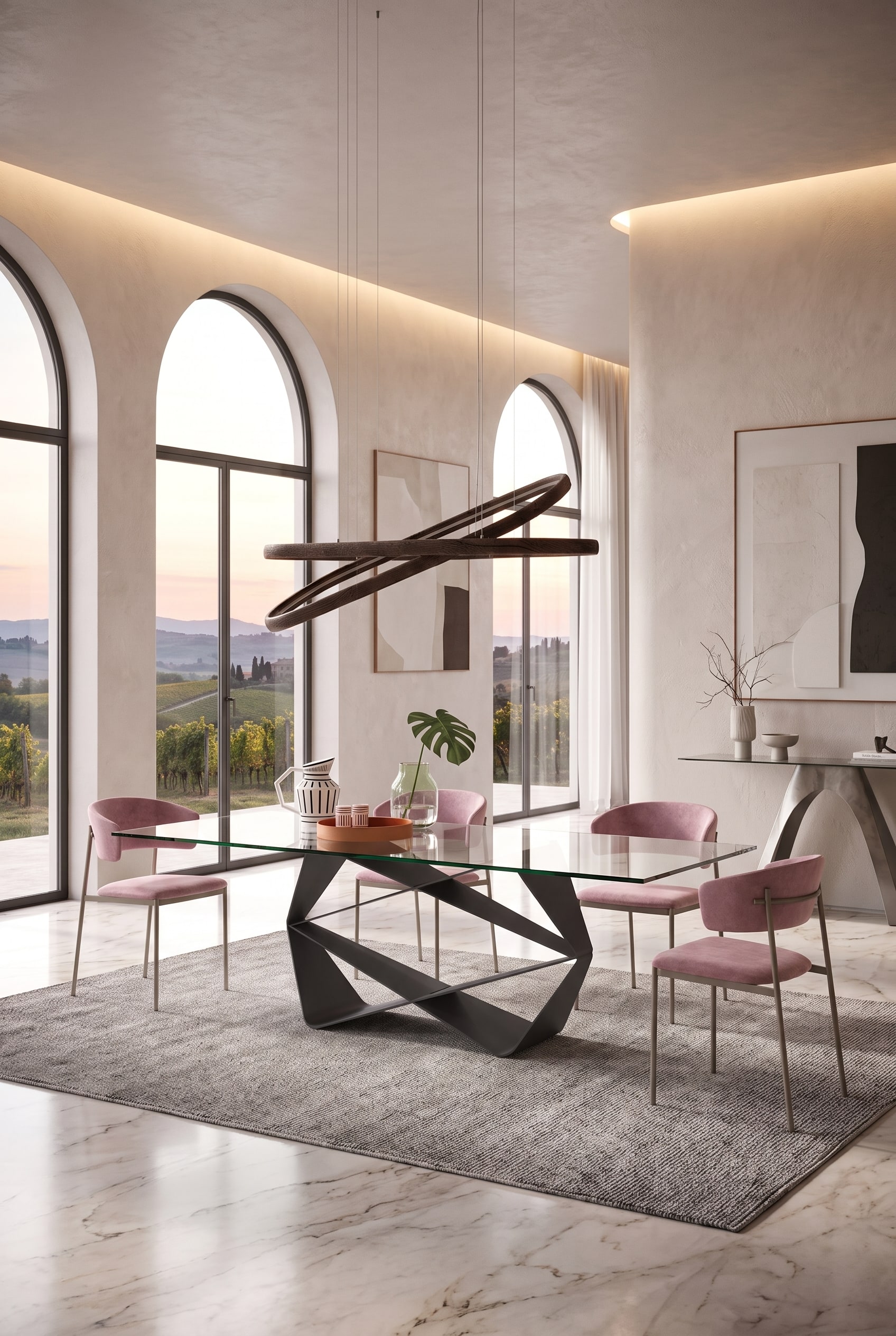 Salle &agrave; manger lumineuse avec une table &agrave; manger en verre transparent, un pi&egrave;tement crois&eacute; remarquable et quatre chaises rembourr&eacute;es roses