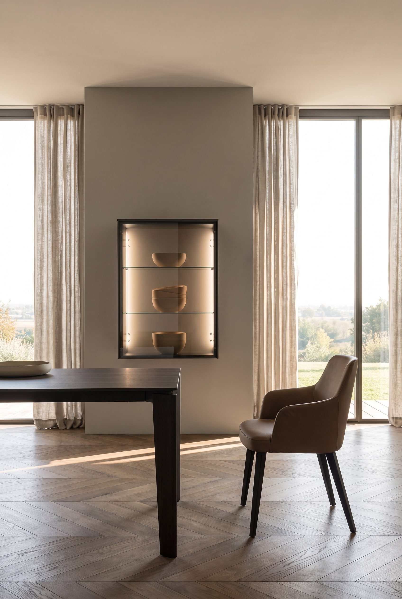 Vitrine suspendue en verre fumé avec des bols en céramique mats décoratifs dans un intérieur chaleureusement éclairé.