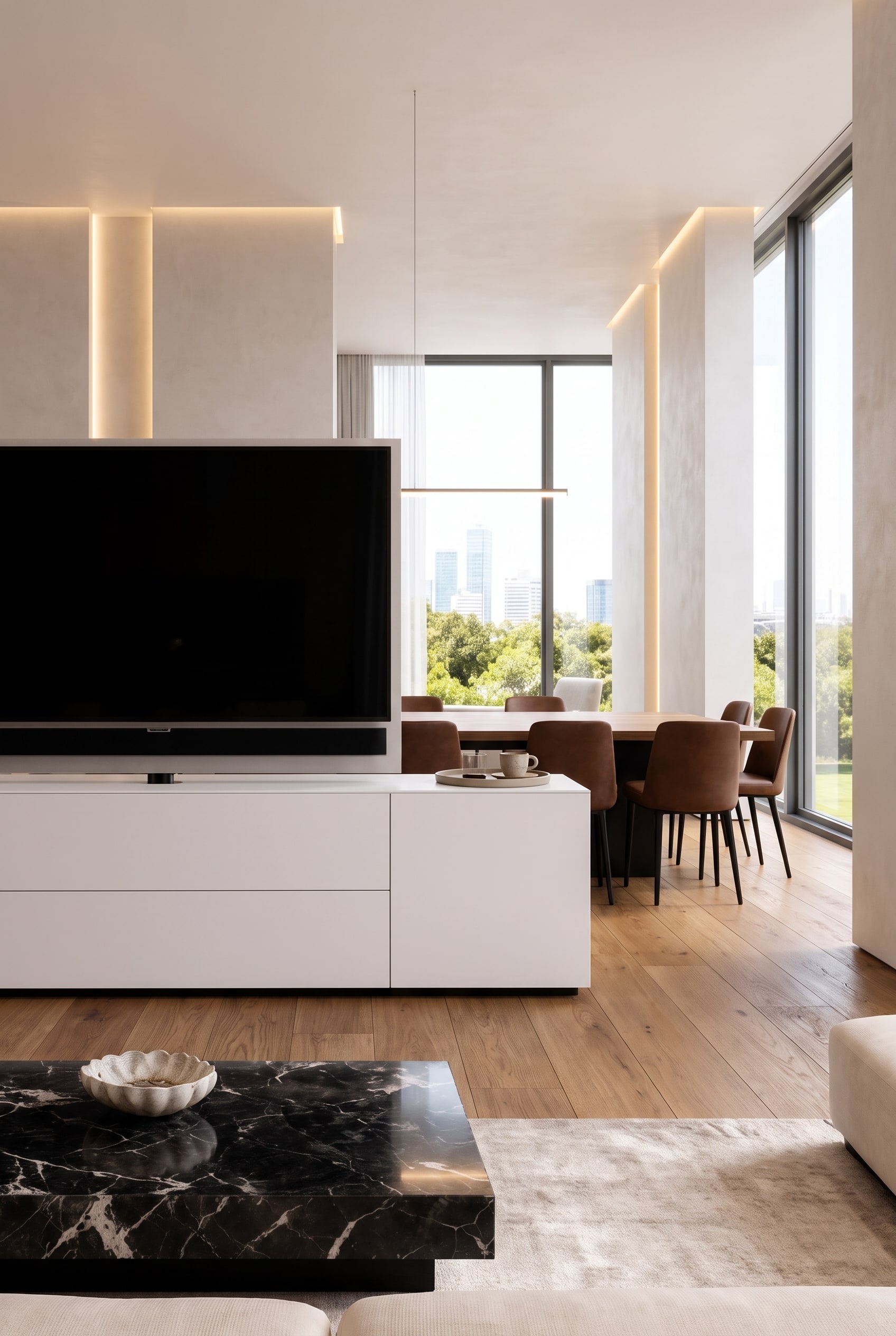 Espace de vie et de repas ouvert avec un meuble bas séparateur de pièce autoportant et un panneau TV pivotant à 180 degrés