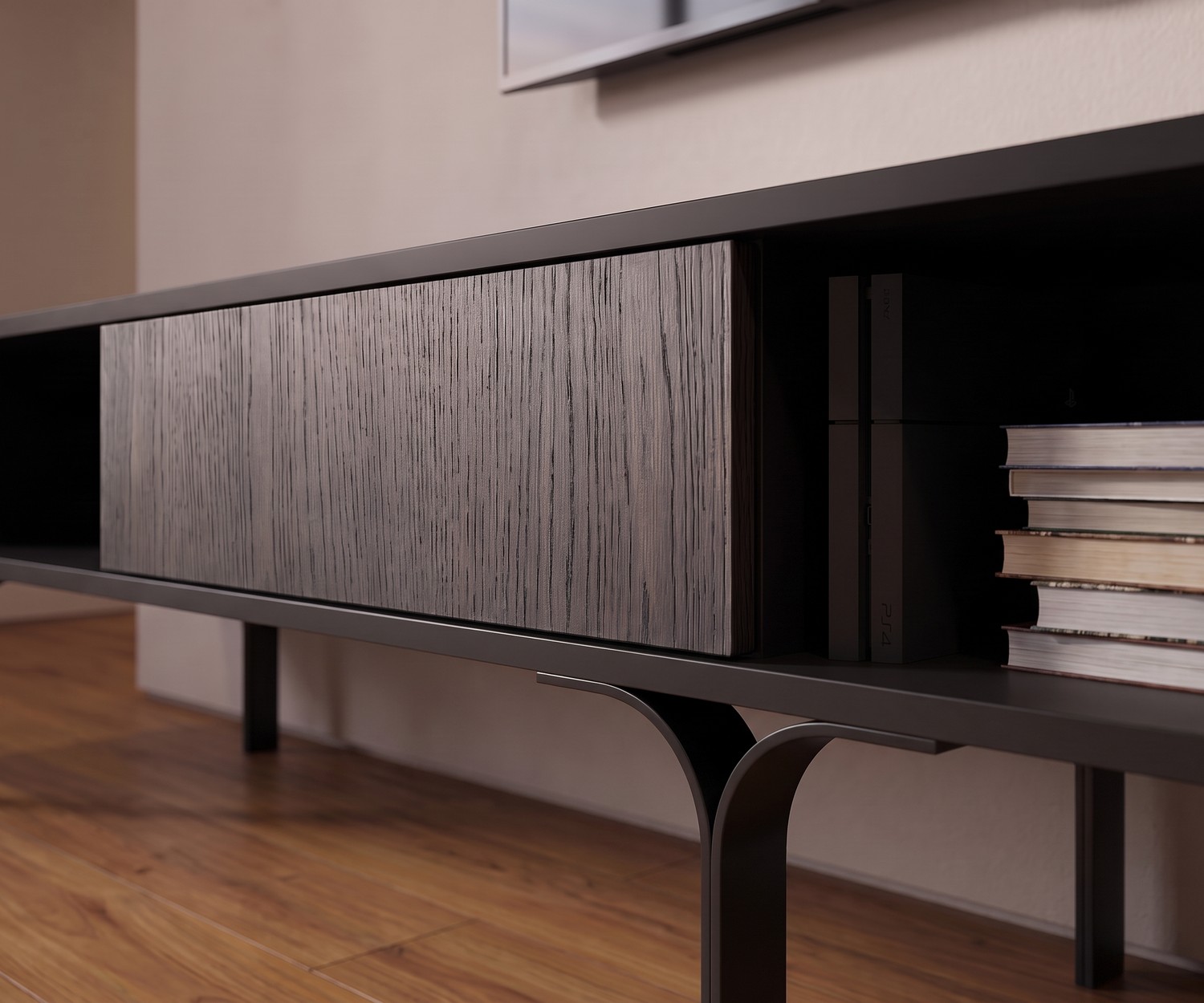 al2 Mobius 005 design TV-lowboard met eucalyptus lade al2 Mobius 005 TV-lowboard in een moderne woonkamer, donkerhouten tv-meubel met elegante poten en open vakken.