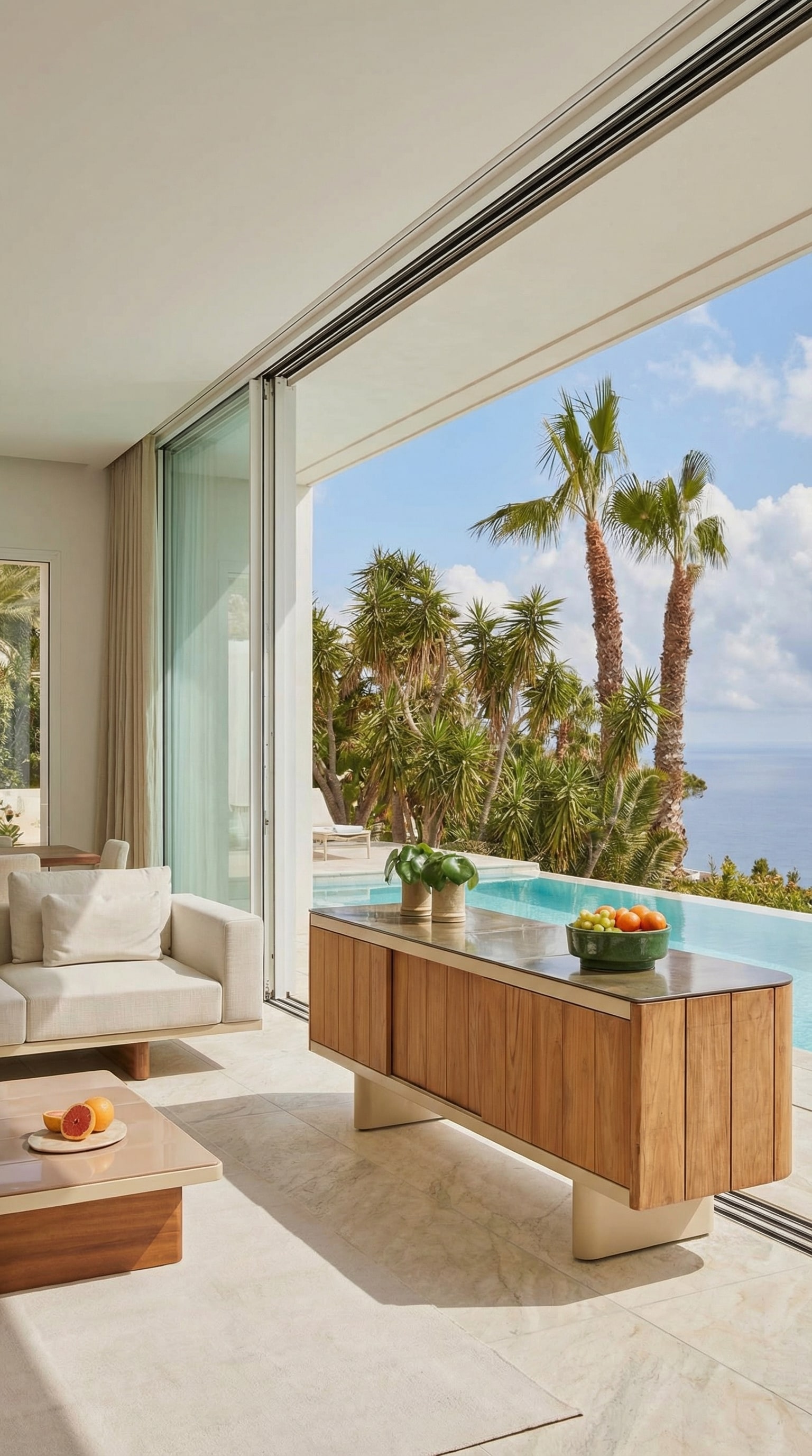 Buffet d'extérieur luxueux en teck sur une terrasse ensoleillée avec vue sur la mer. Buffet d'extérieur luxueux en teck sur une terrasse ensoleillée avec vue sur la mer.