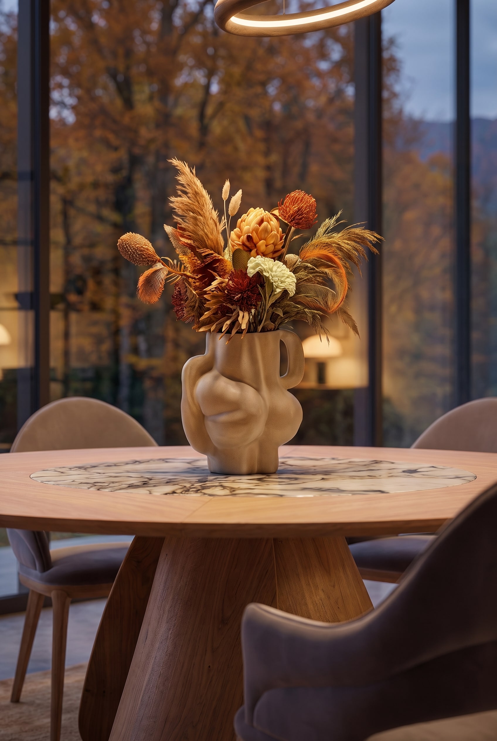 Vase en c&eacute;ramique sculpturale avec un bouquet de fleurs s&eacute;ch&eacute;es automnales, plac&eacute; au centre d'un plateau de table en marbre clair.