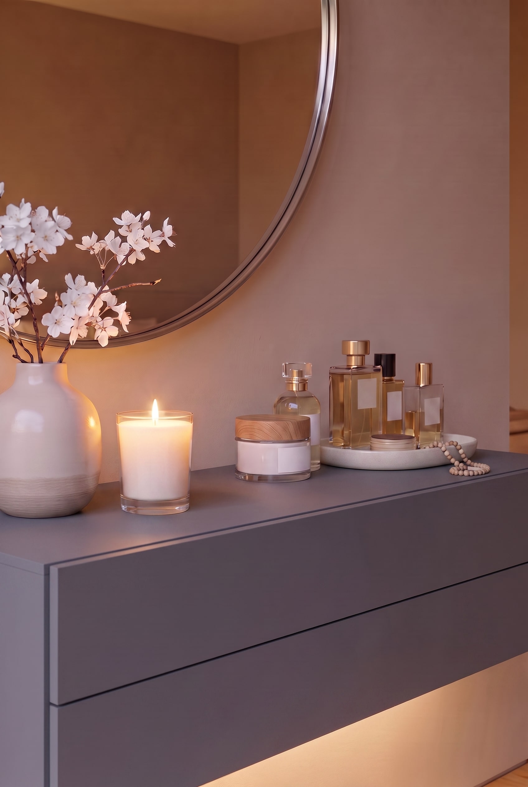 Gros plan d'une commode grise avec des flacons de parfum arrang&eacute;s sur un plateau en pierre et une bougie parfum&eacute;e blanche.