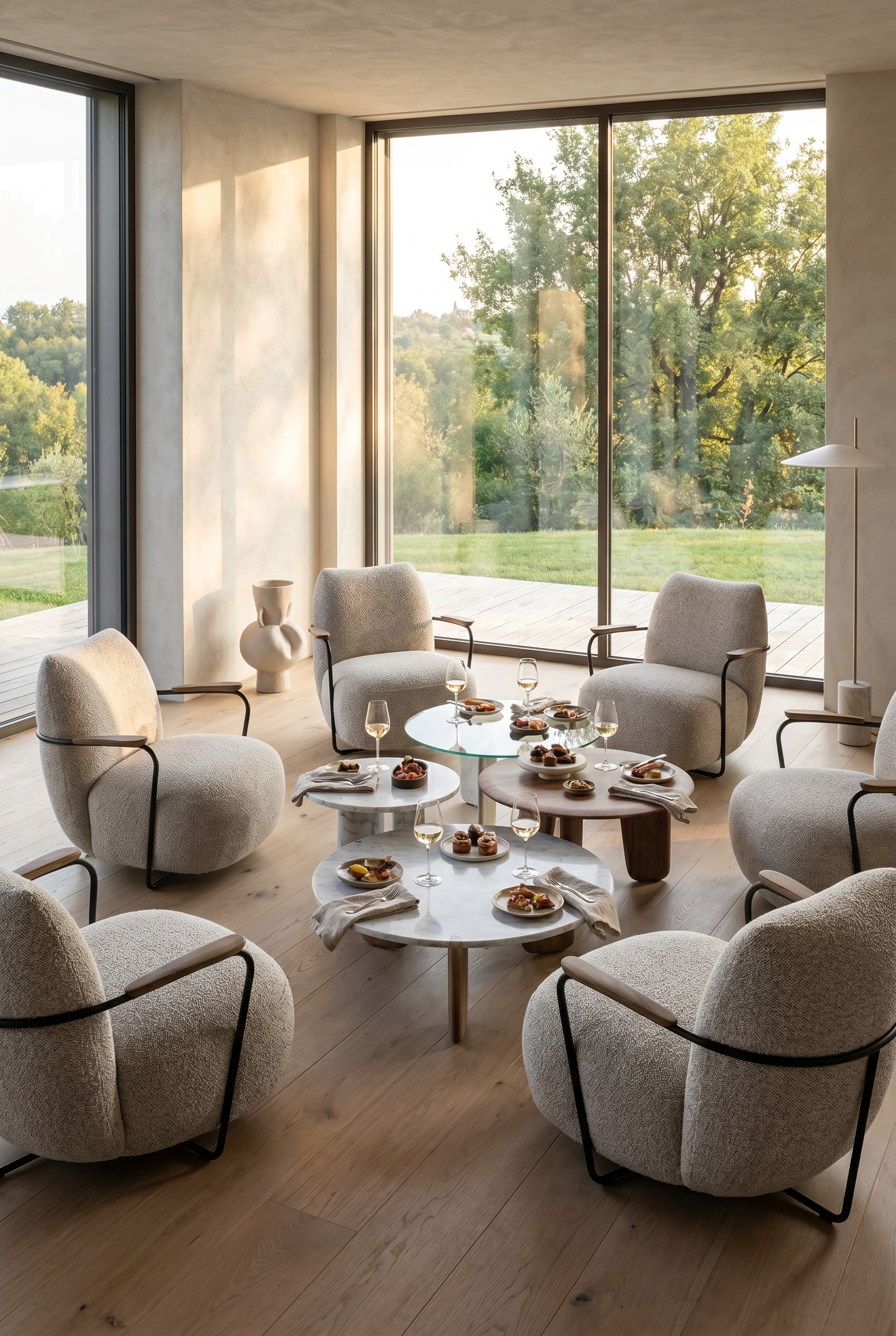 Fauteuil lounge rond avec revêtement bouclé texturé, confortablement placé à la table à manger devant des fenêtres panoramiques du sol au plafond