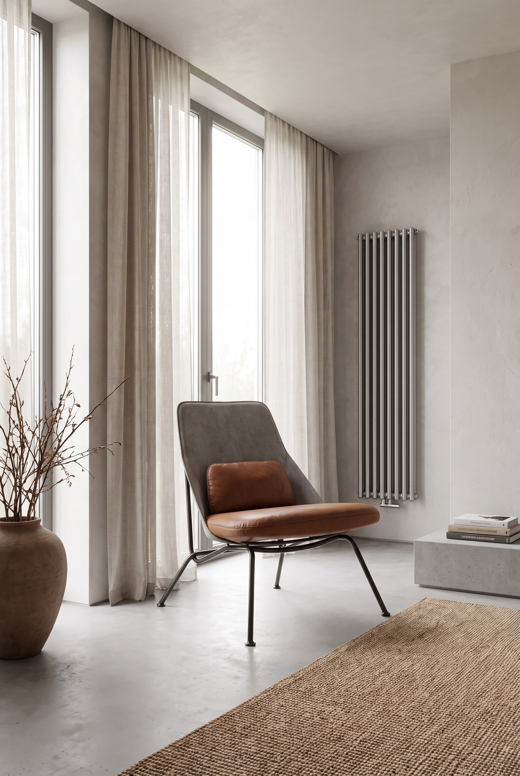 Un élégant fauteuil en cuir marron est placé librement dans un salon moderne, avec une distance thermique sûre par rapport aux grandes fenêtres et au chauffage.
