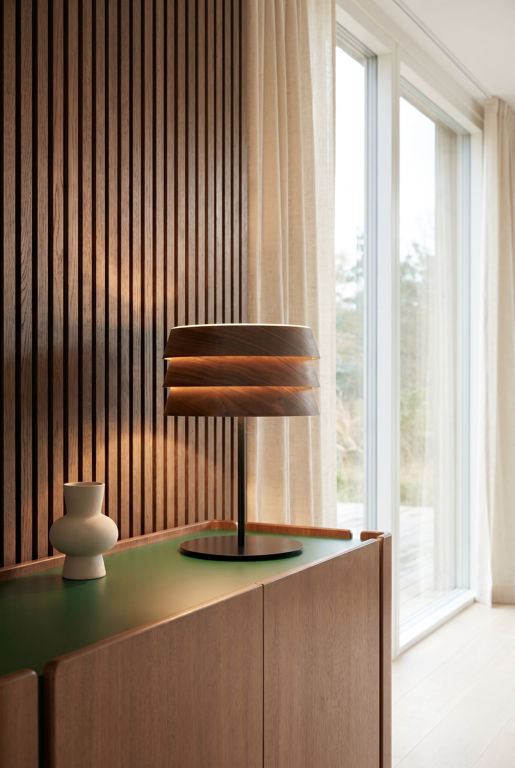 Buffet en bois devant un mur à lattes, sur lequel se trouve une lampe de table avec un abat-jour à lattes de bois, projetant une lumière rasante chaude