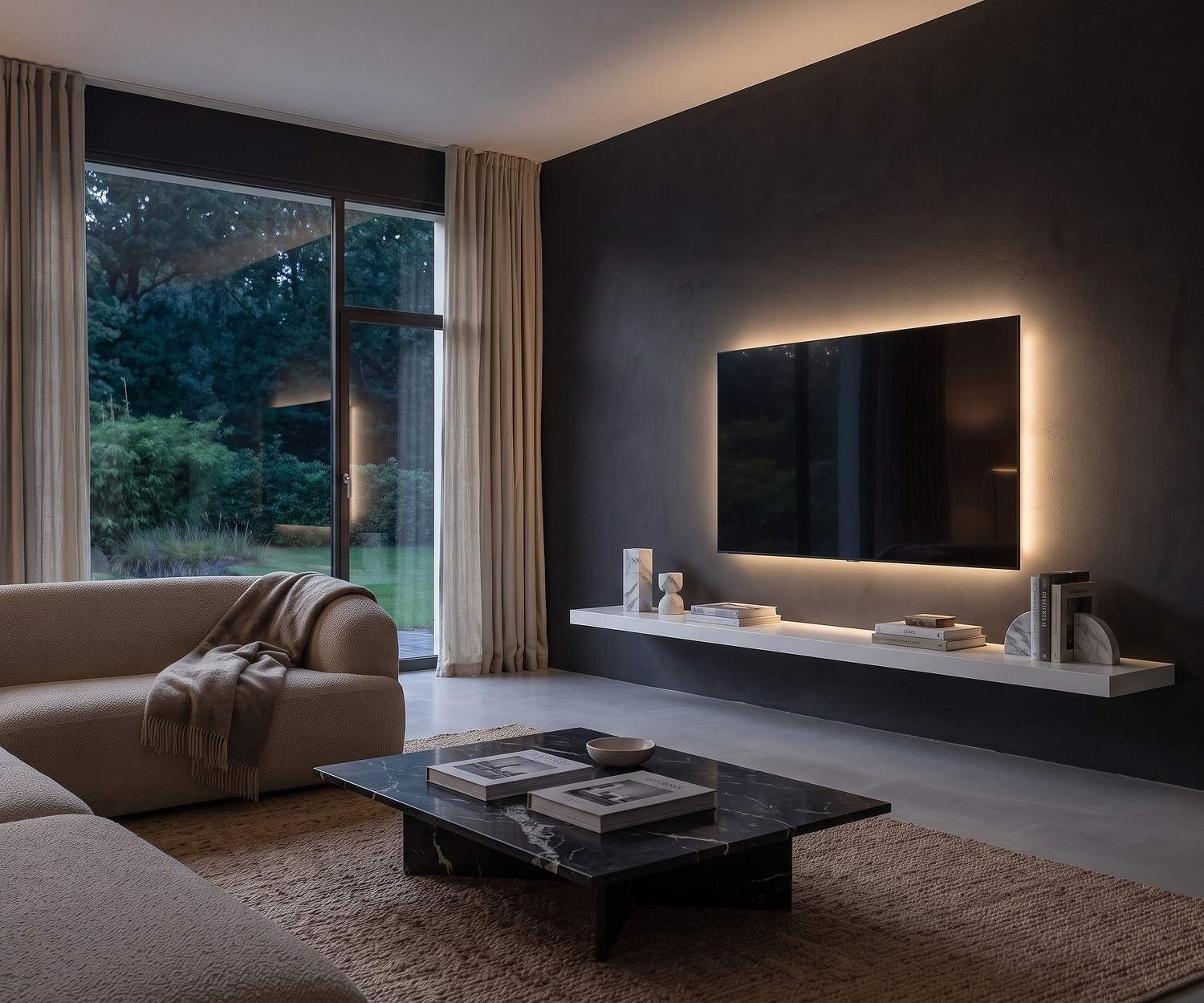 Étagère murale TV Livitalia blanche suspendue sous le téléviseur dans un salon moderne et sombre de style minimaliste.