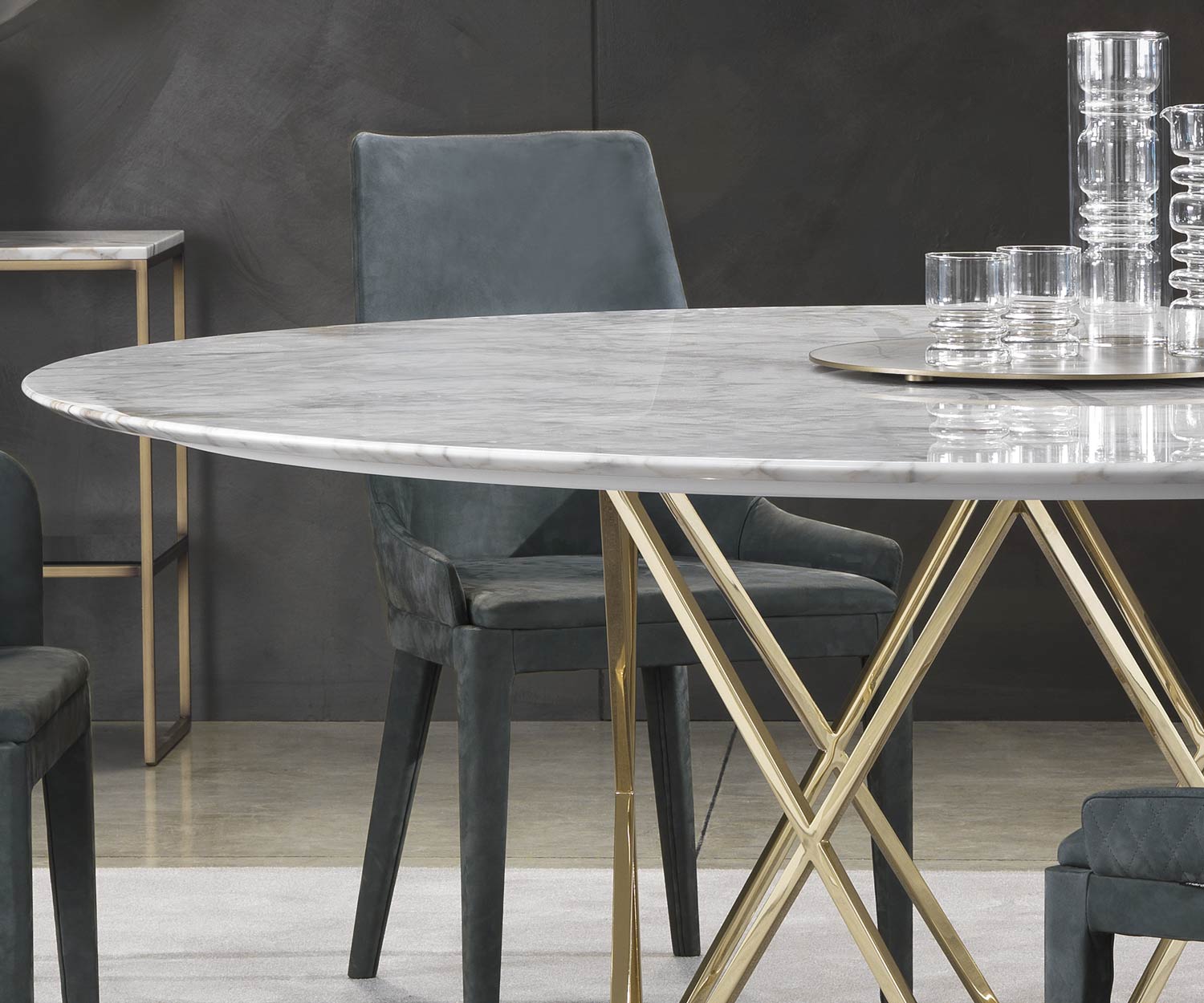 Table de salle à manger design Calacatta Gold Marble Detail Plateau de table Piètement Table de salle à manger design Calacatta Gold Marble Detail Plateau de table Piètement
