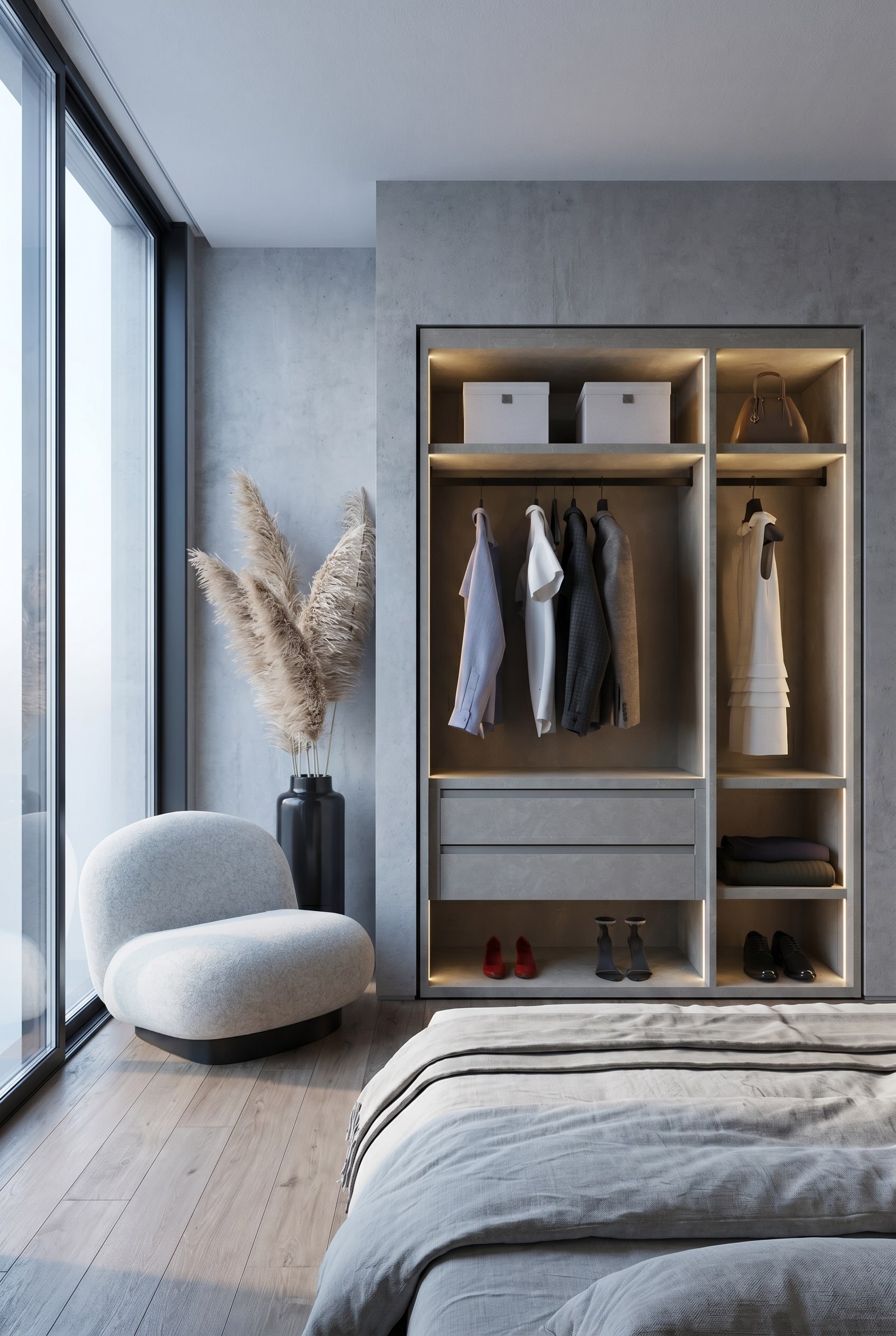 Chambre moderne avec fenêtres pleine hauteur et une armoire ouverte sans portes dans un ton gris chaud, animée par un vase en céramique de designer