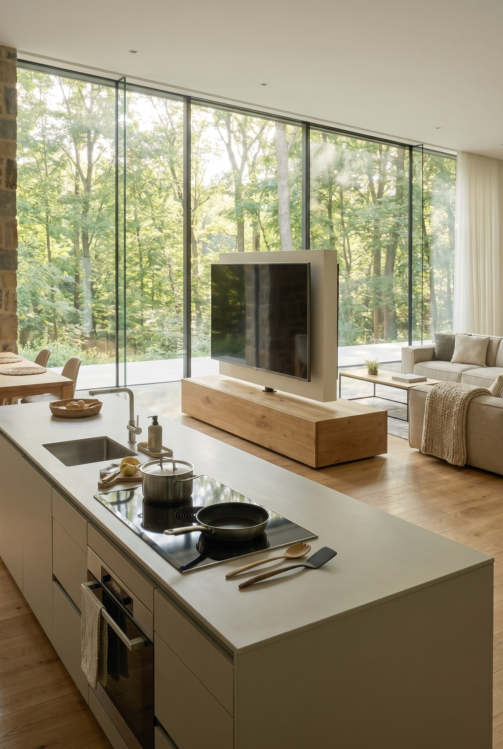 Meuble &agrave; l'aspect flottant sur des pieds filigranes sur un parquet en bois continu