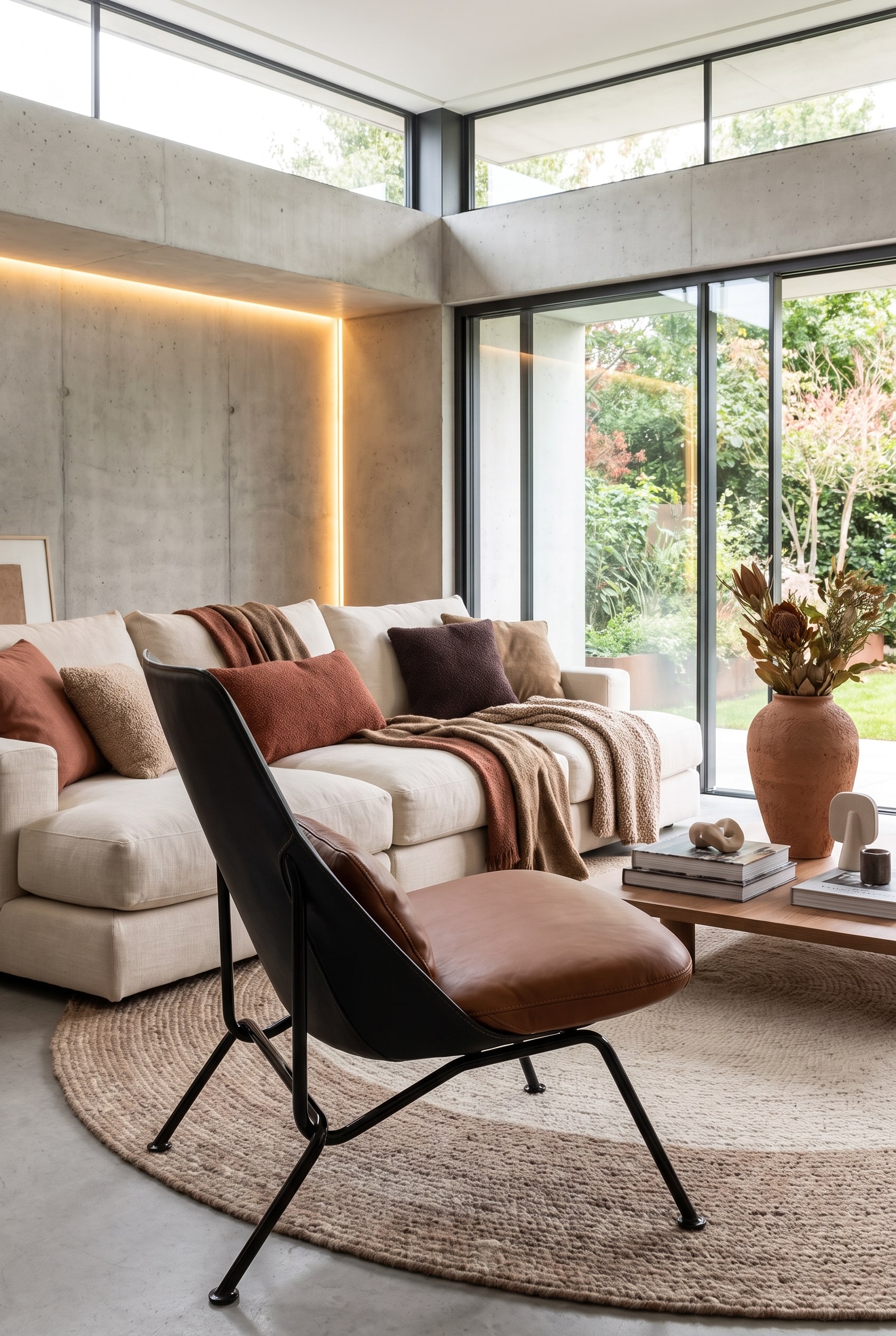 Salon moderne avec un effet de superposition et le fauteuil Prostoria Strain comme meuble solitaire