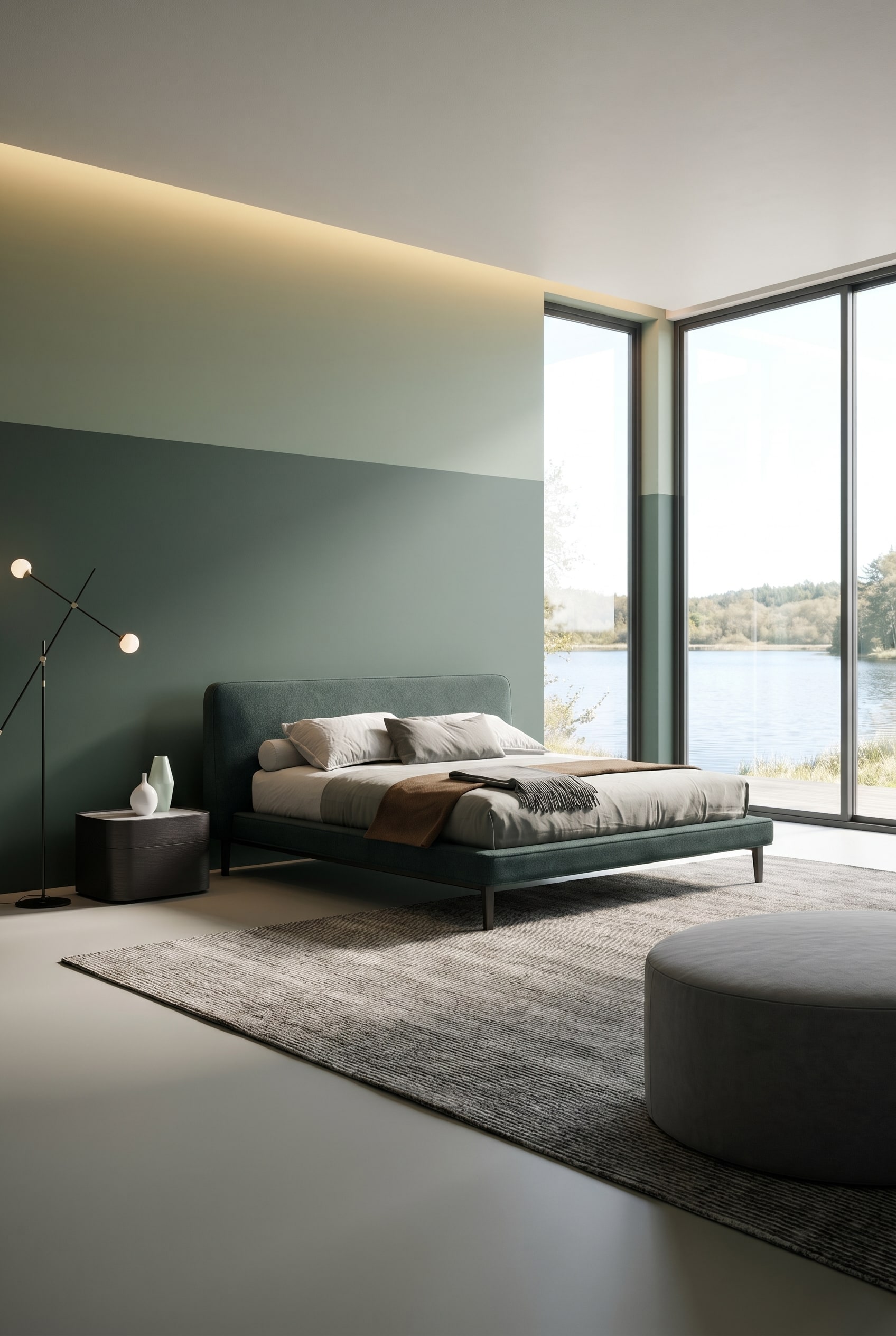 Lit design vert fonc&eacute; devant un mur vert sauge ton sur ton avec des tables de chevet minimalistes